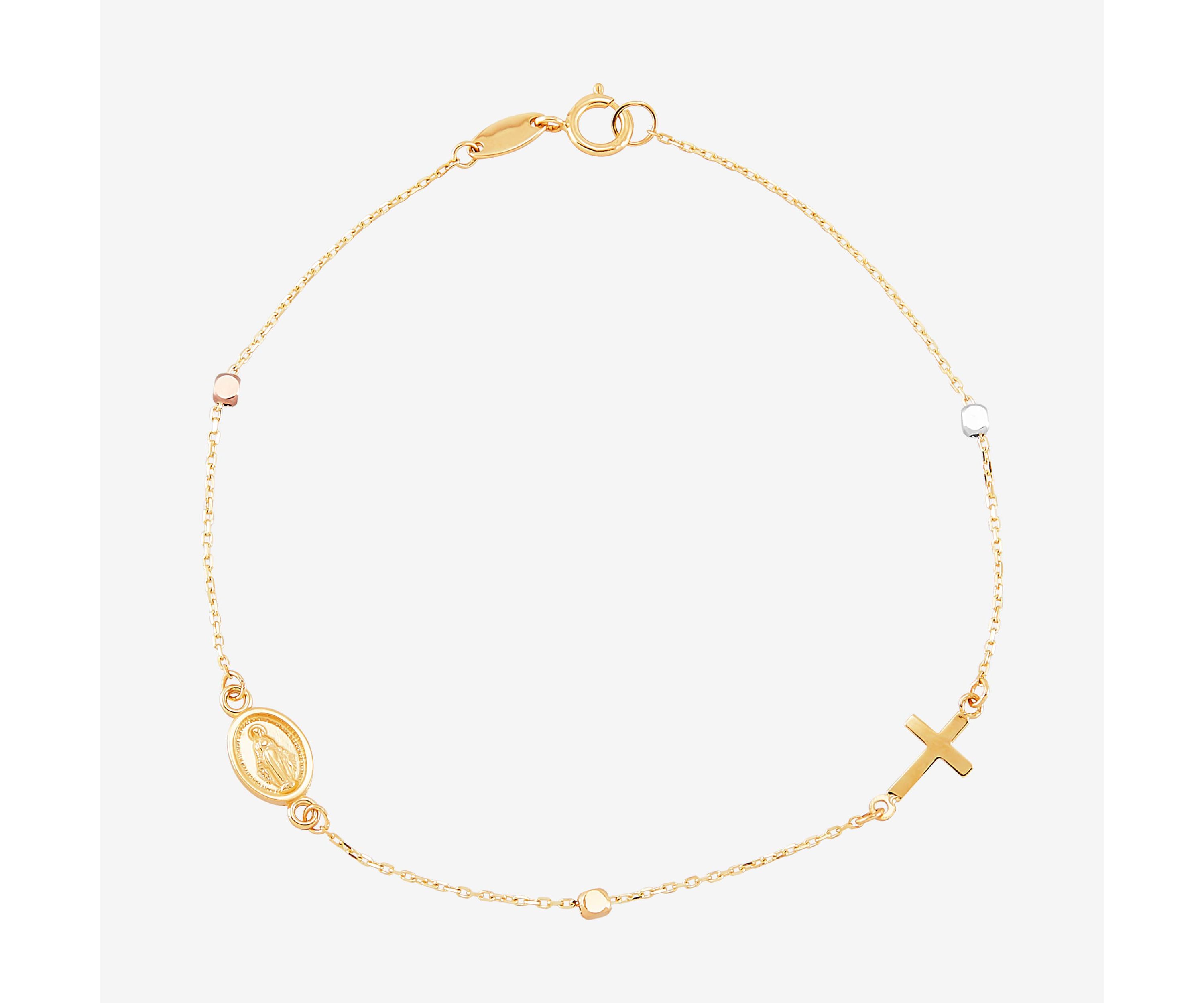 14K Yellow and White and Rose Gold Cross and Medal Bracelet