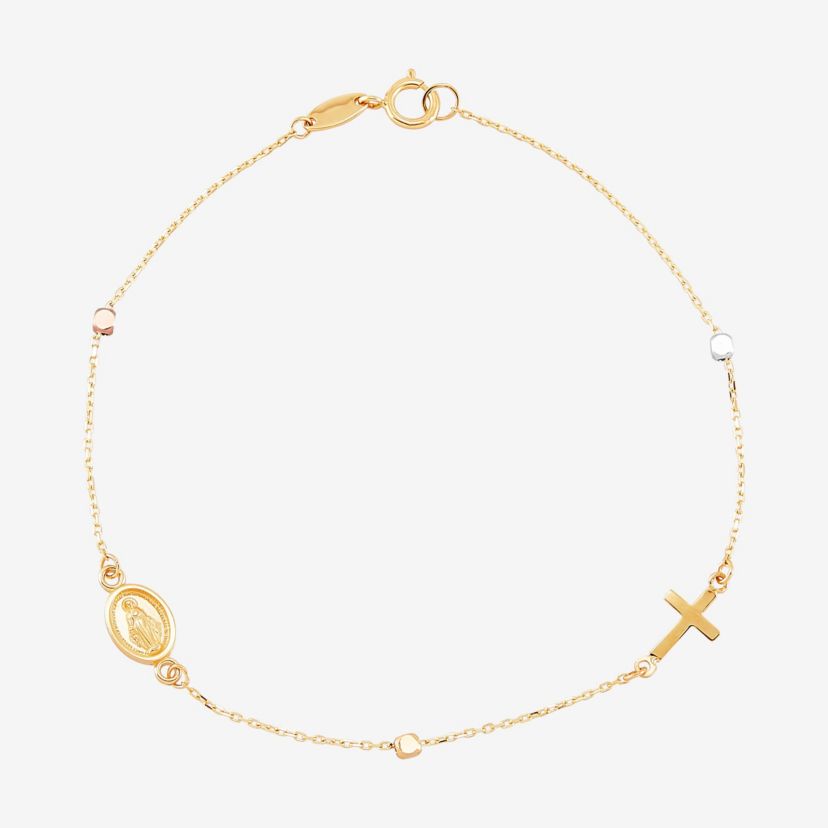 14K Yellow and White and Rose Gold Cross and Medal Bracelet