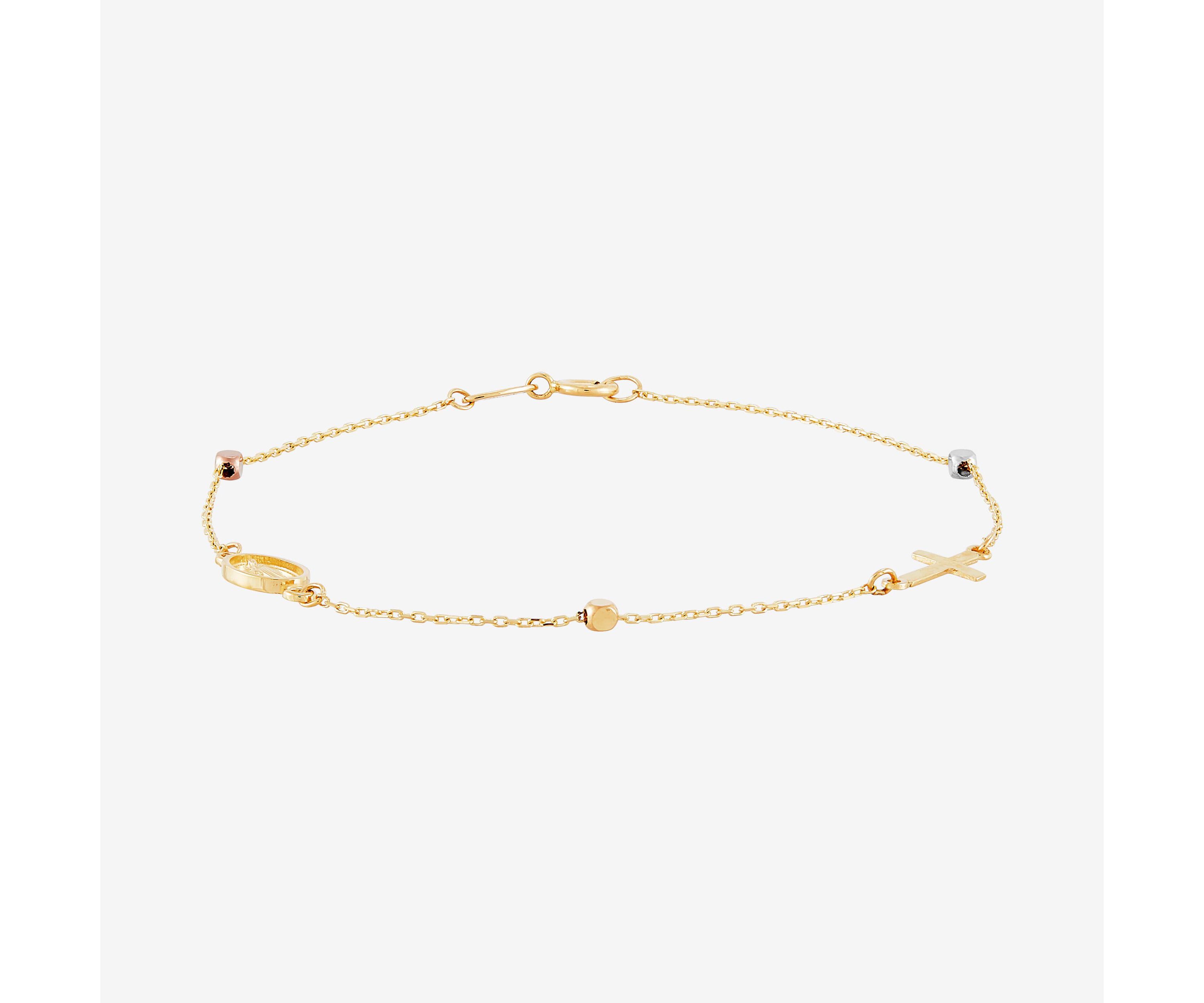14K Yellow and White and Rose Gold Cross and Medal Bracelet