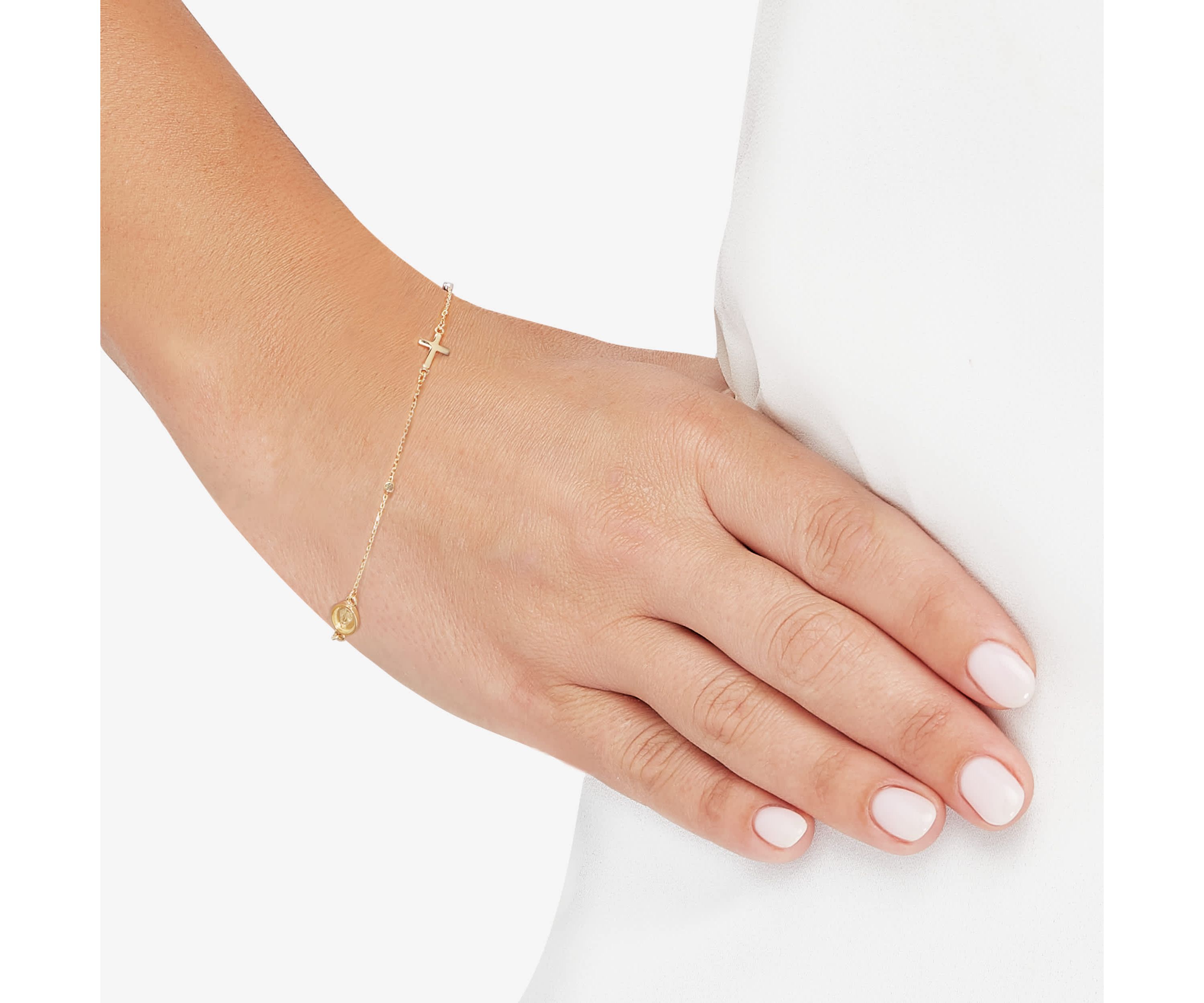 14K Yellow and White and Rose Gold Cross and Medal Bracelet