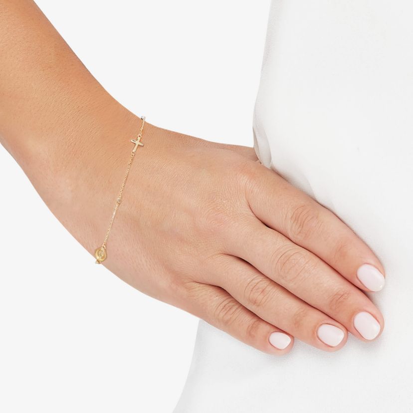 14K Yellow and White and Rose Gold Cross and Medal Bracelet