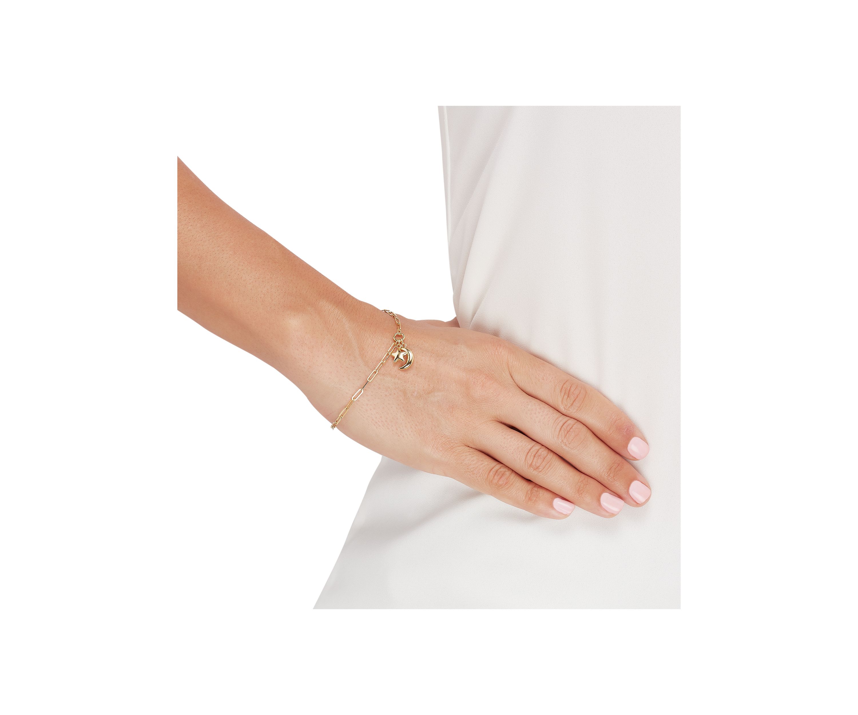 Moon and Star Paperclip Bracelet in 14K Yellow Gold