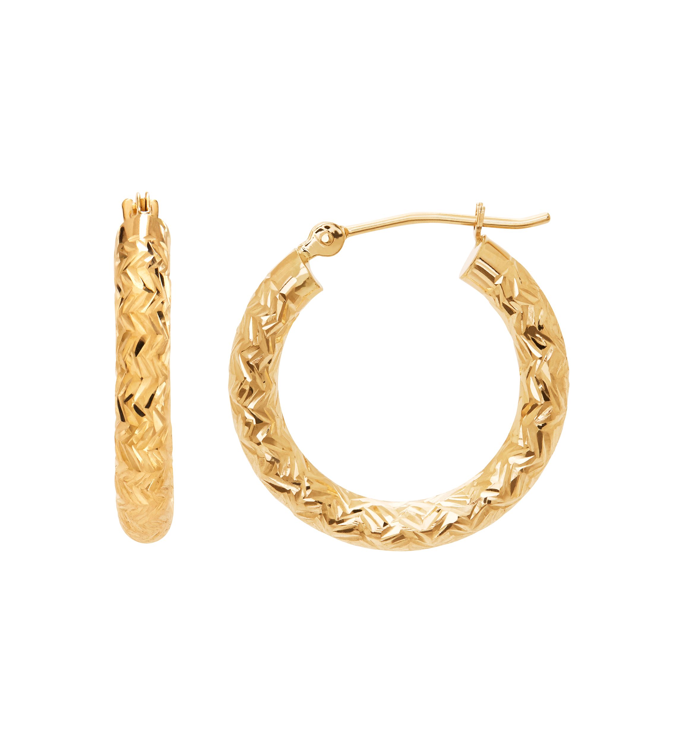 14K Yellow Gold Diamond Cut Hoop Earrings