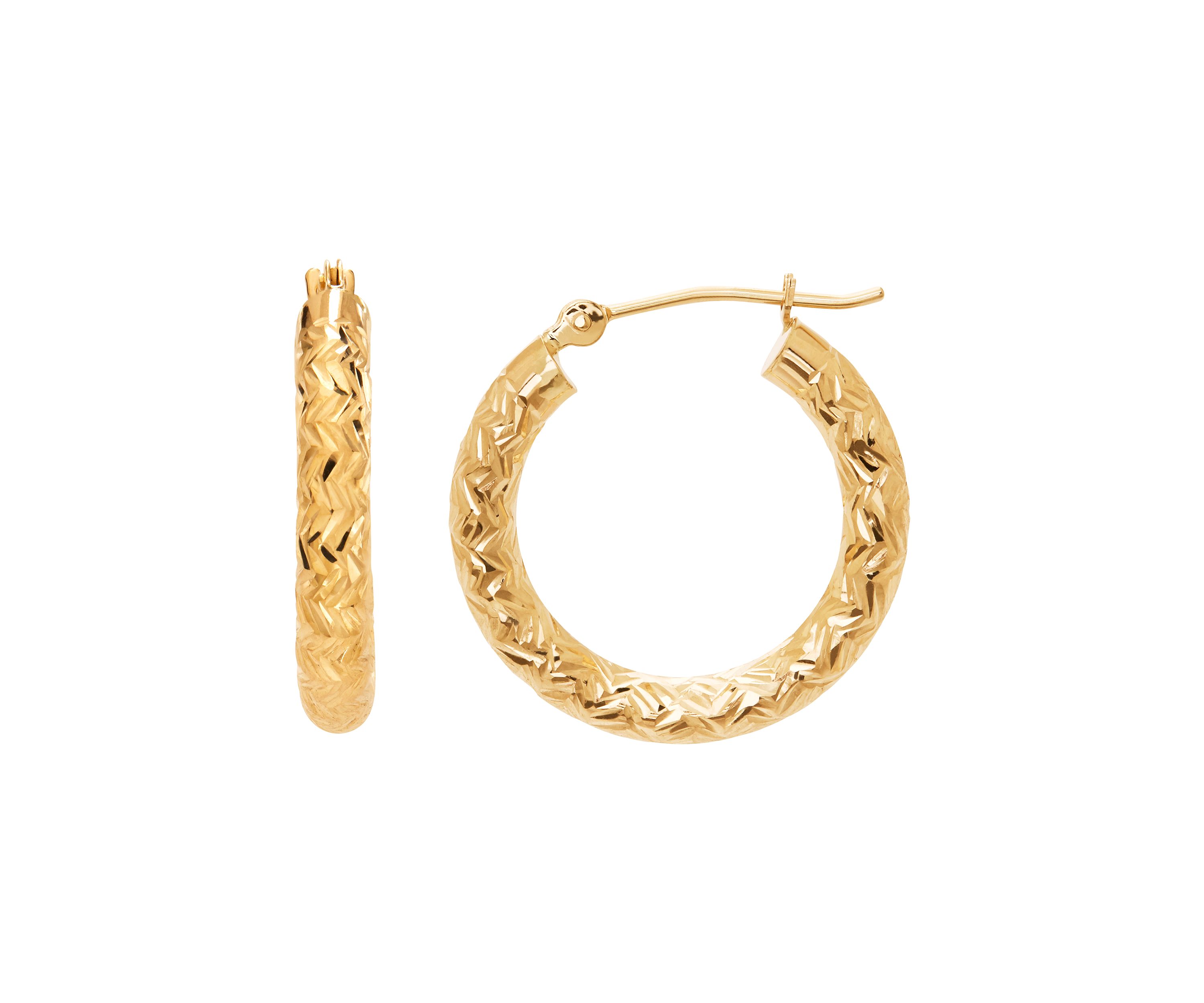 14K Yellow Gold Diamond Cut Hoop Earrings