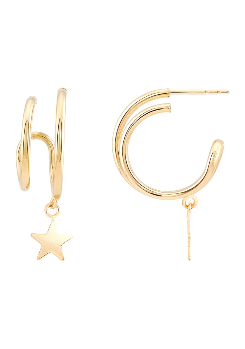 Double Illusion Tube Hoop with Dangle Star Earrings in 14K Yellow Gold