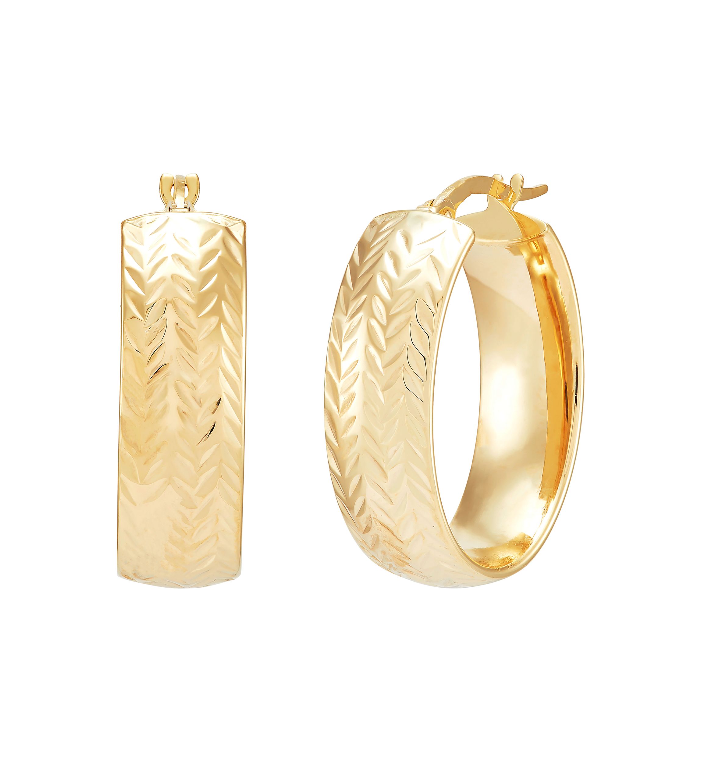 7 x 19 Millimeter Spiga Hoop Earrings in 14K Yellow Gold