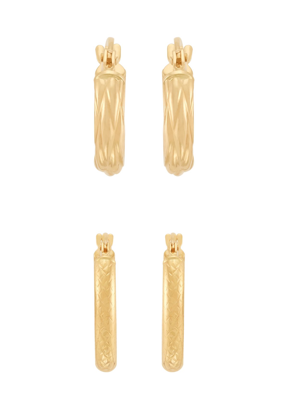 Texture Basket Wave and Oval Hoop Earrings Set in 14K Yellow Gold