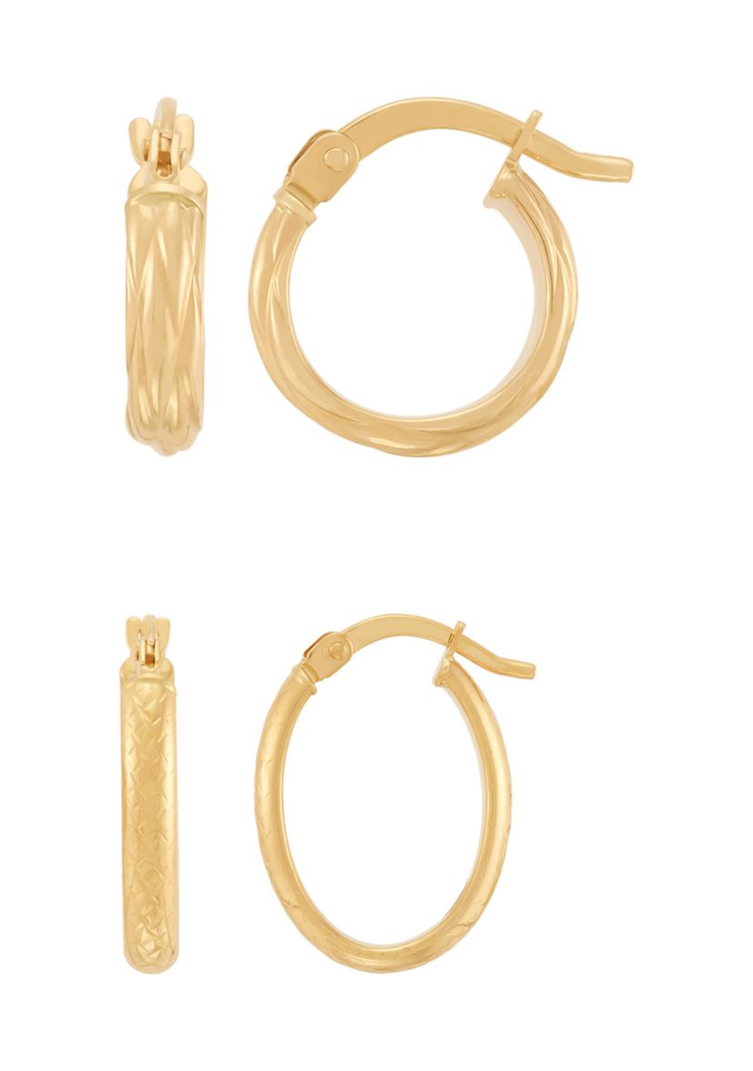 Texture Basket Wave and Oval Hoop Earrings Set in 14K Yellow Gold