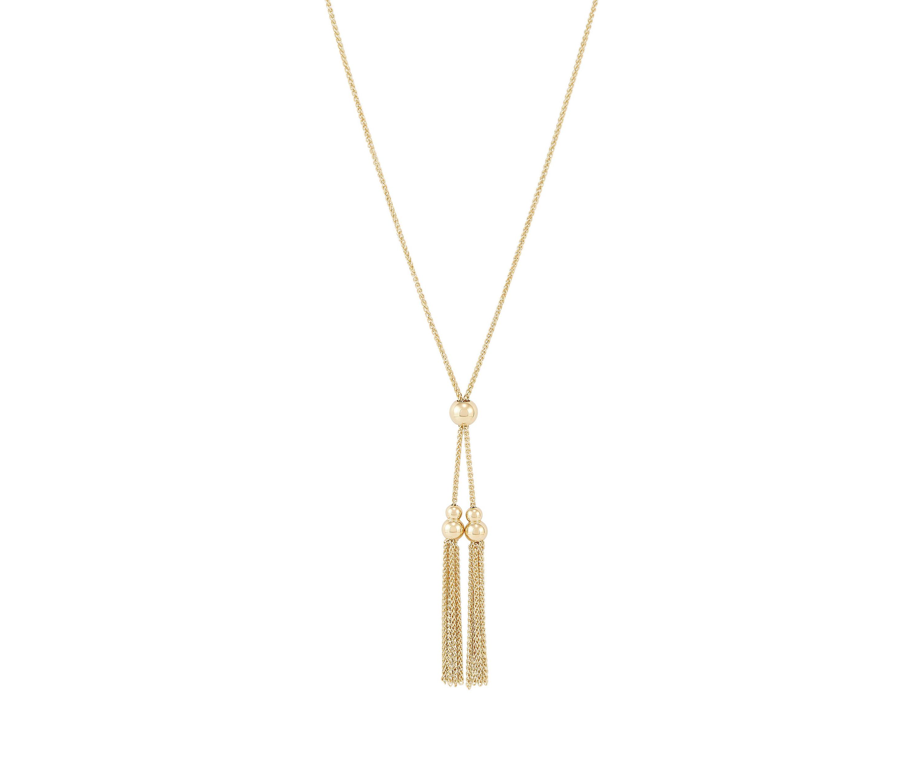 14K Yellow Gold Tassle lariat on .25mm Spiga Chain Necklace