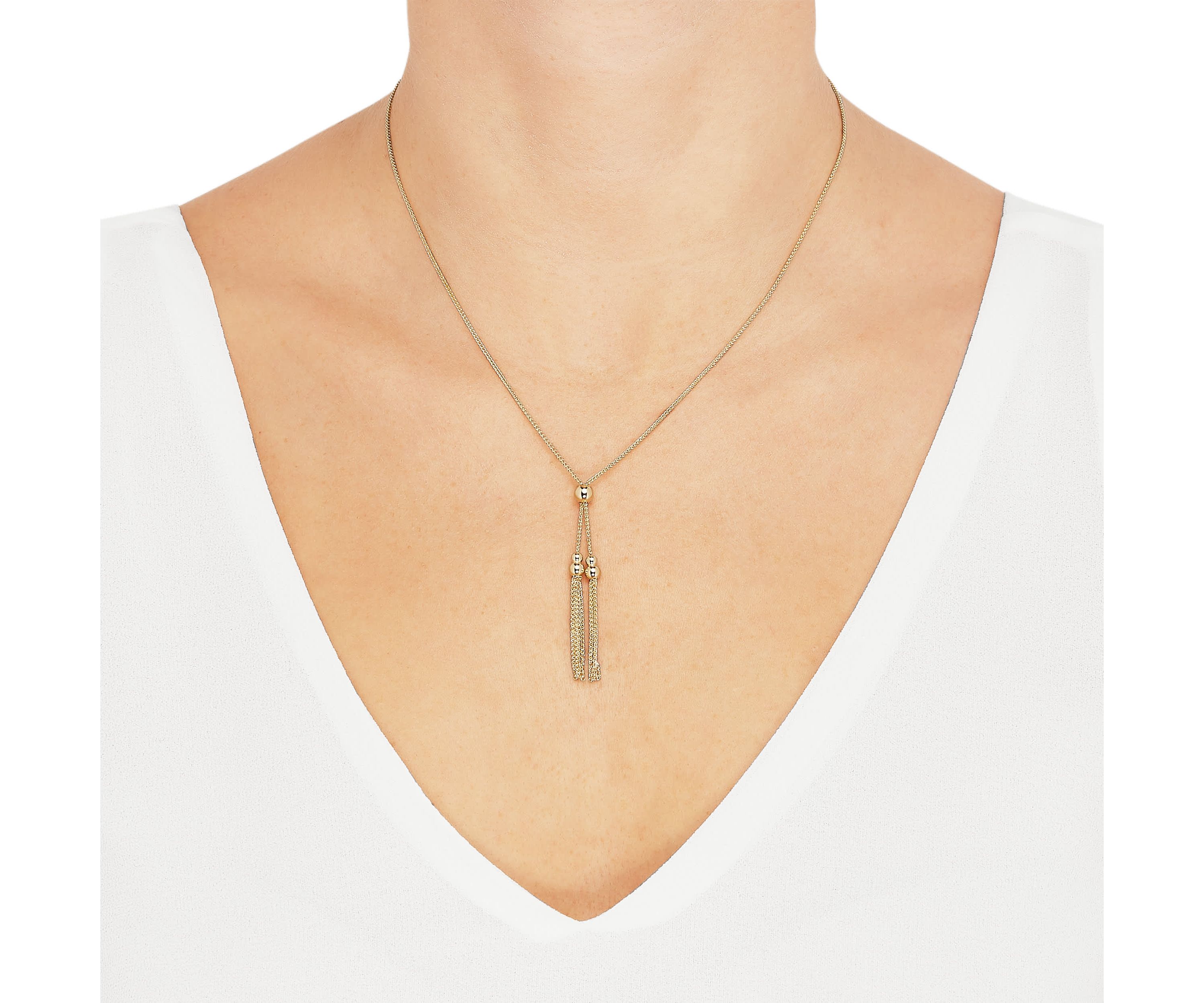 14K Yellow Gold Tassle lariat on .25mm Spiga Chain Necklace