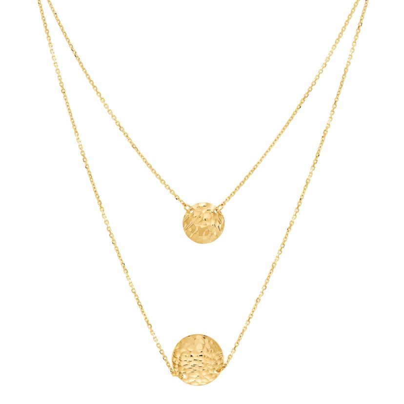 14K Yellow Gold Layer Hammered Concave Circle on Cable Chain Necklace