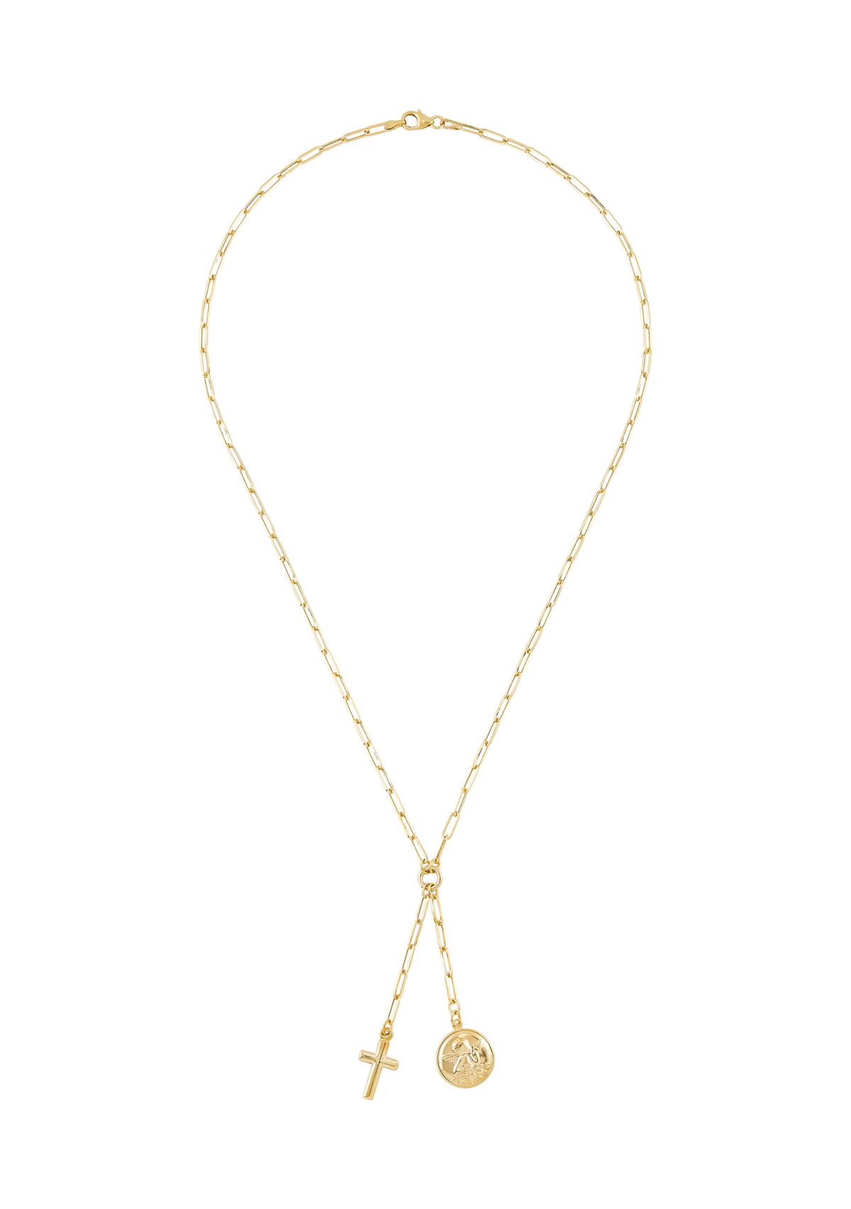 Disk with Angel and Cross Lariat Paperclip Necklace in 14K Yellow Gold