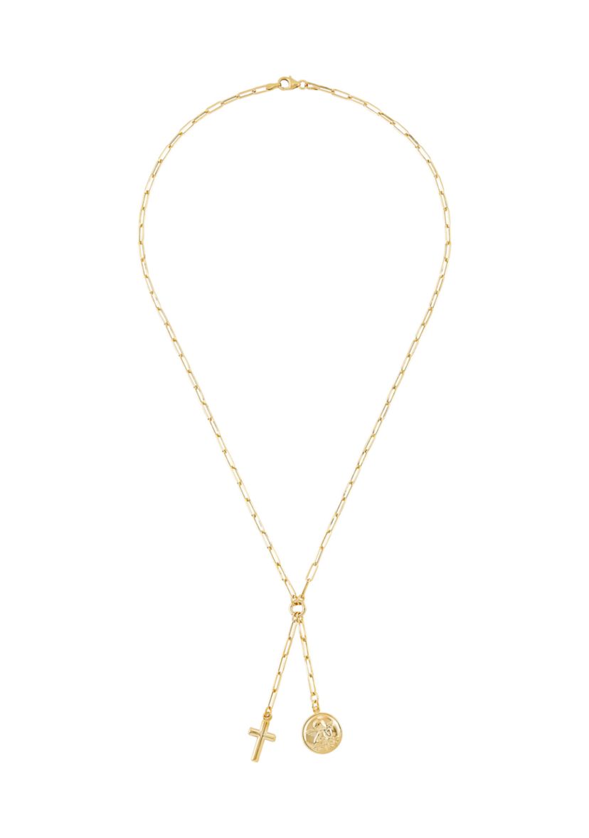 Disk with Angel and Cross Lariat Paperclip Necklace in 14K Yellow Gold