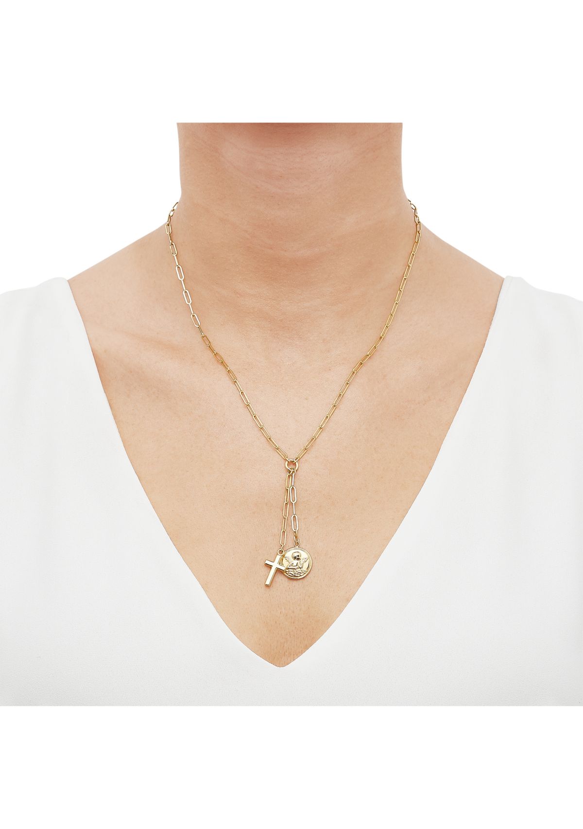 Disk with Angel and Cross Lariat Paperclip Necklace in 14K Yellow Gold