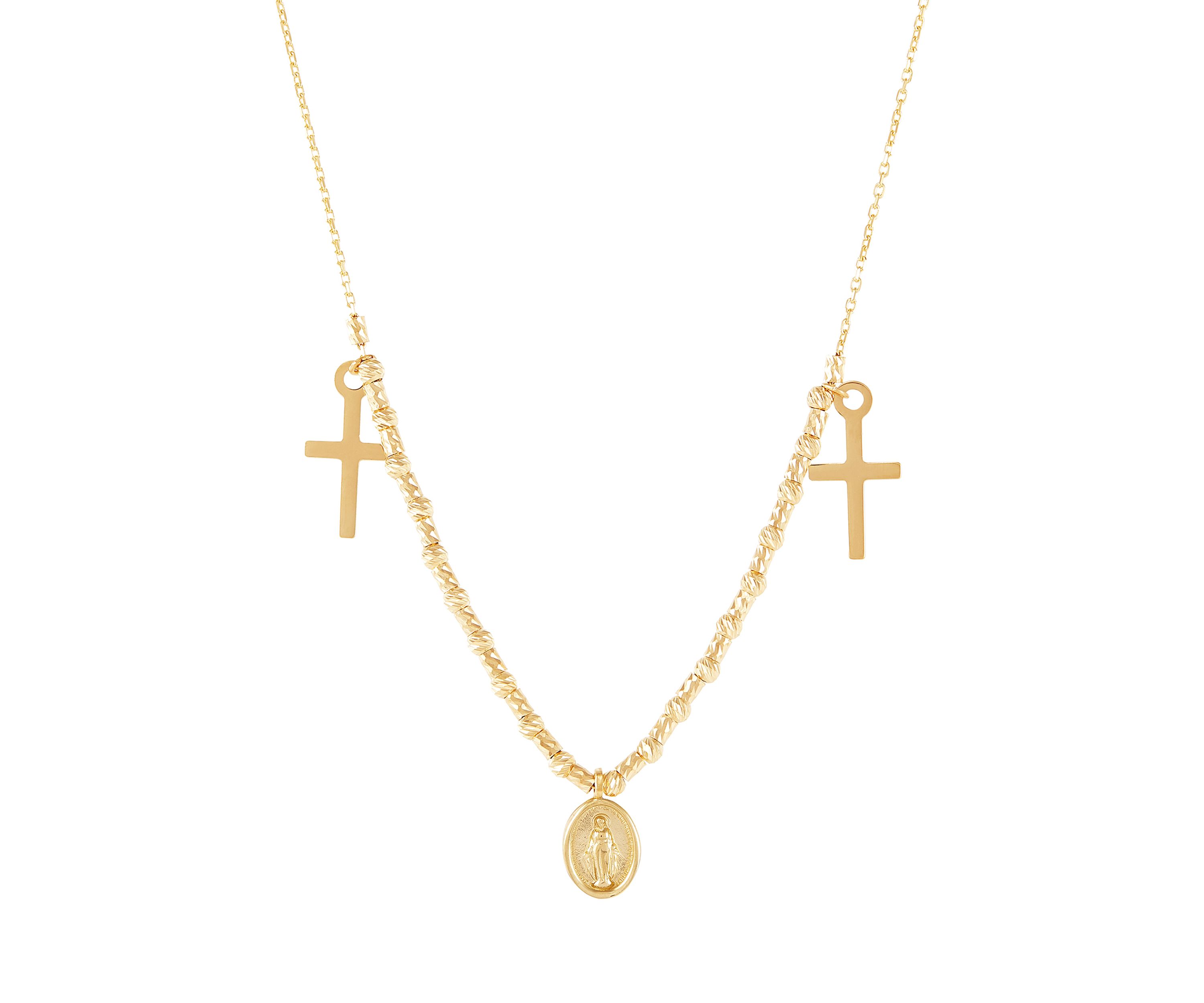 Cross and Medal Dangle Necklace in 14K Yellow Gold