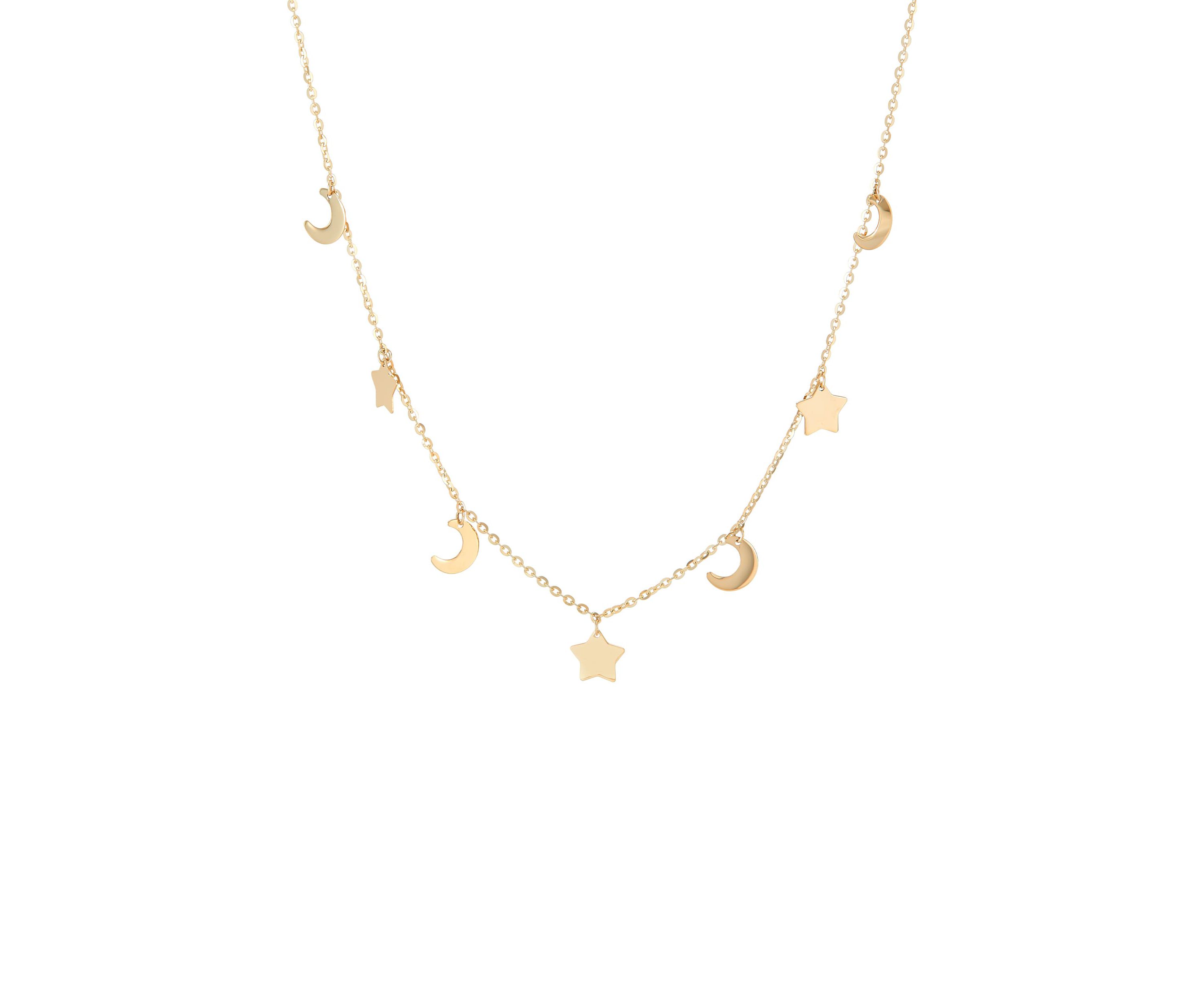 14K Yellow Gold Alt Moon &Star Station on Cable Chain Necklace