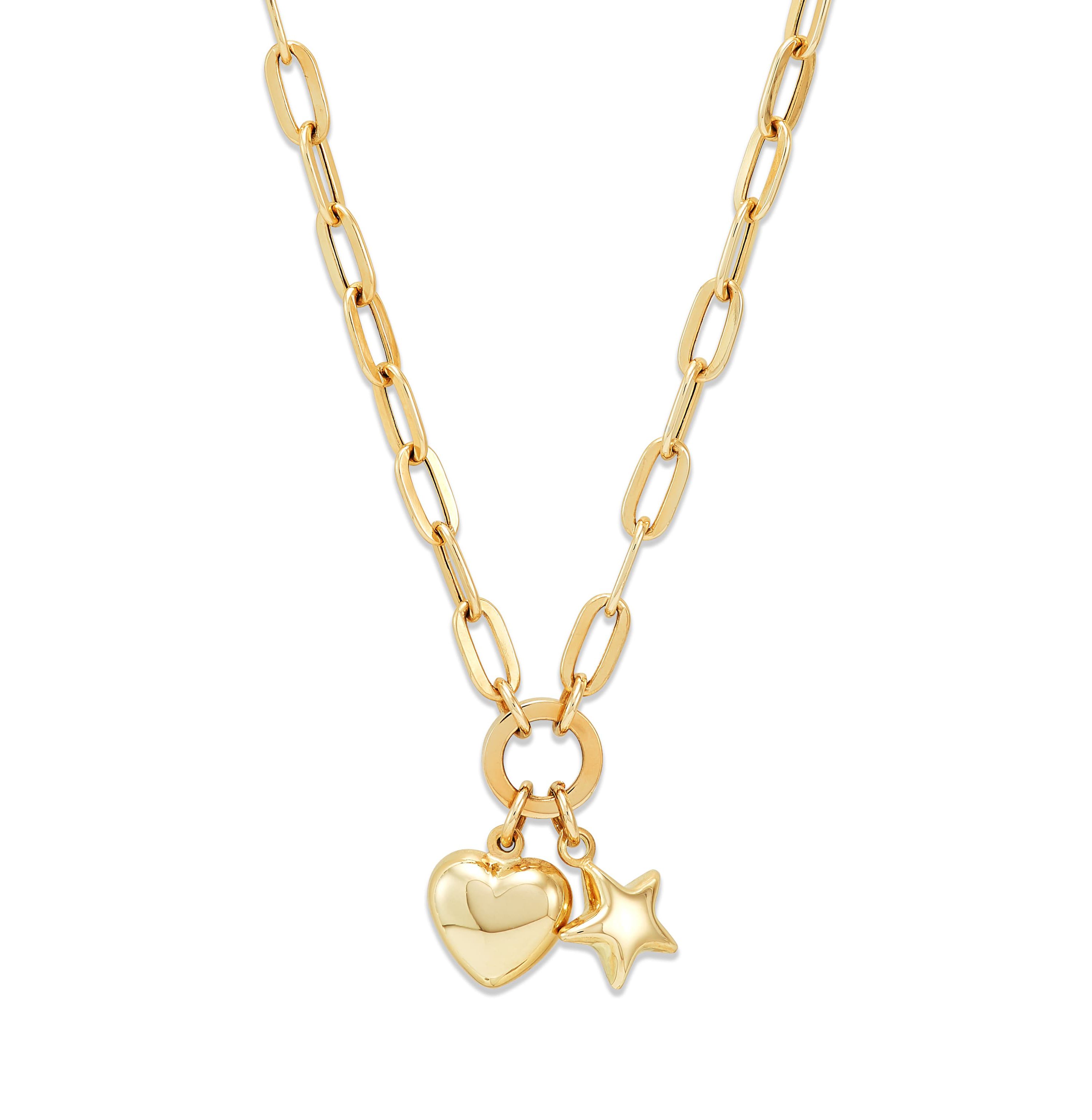 14K Yellow Gold Dangle Heart and Star Necklace