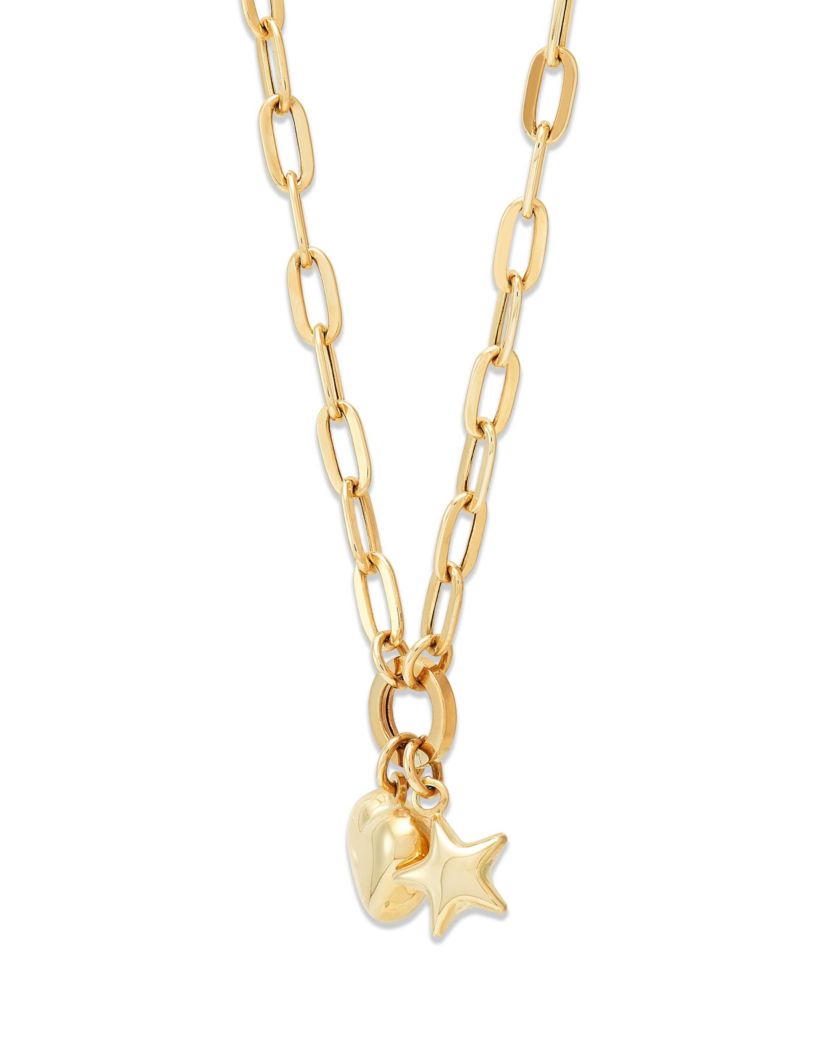 14K Yellow Gold Dangle Heart and Star Necklace