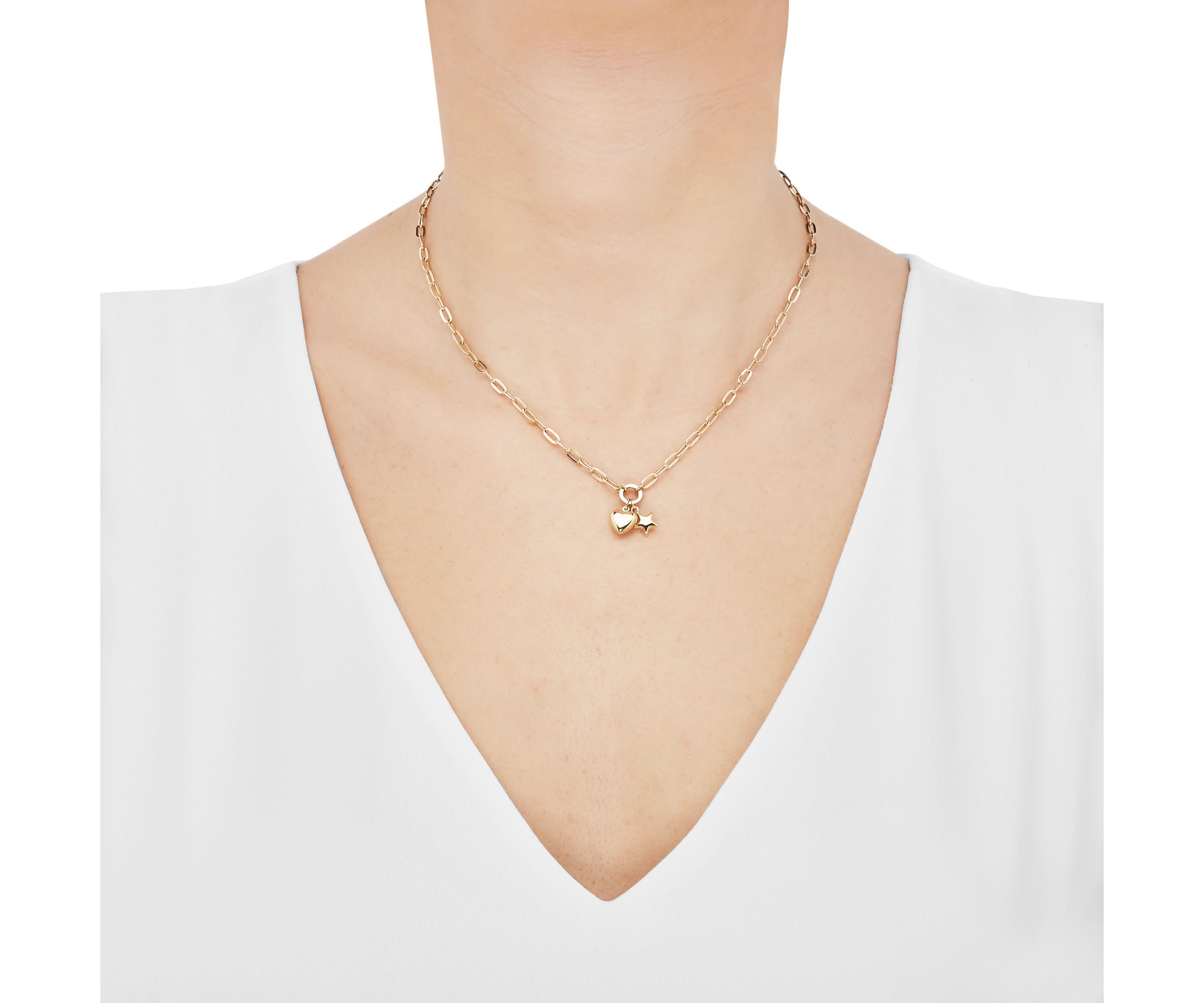 14K Yellow Gold Dangle Heart and Star Necklace