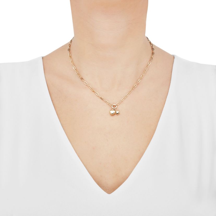 14K Yellow Gold Dangle Heart and Star Necklace