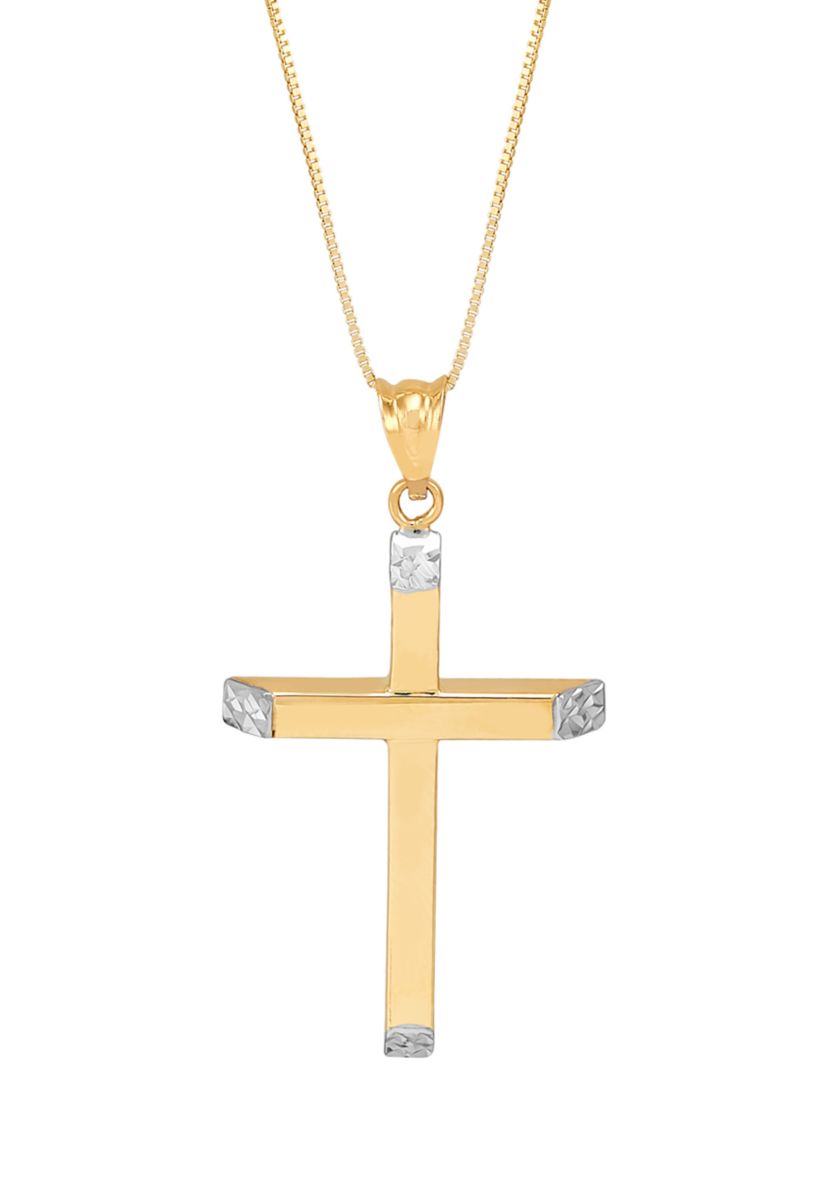Tube Cross Pendant Necklace with 18" Box Chain in 14K Yellow Gold