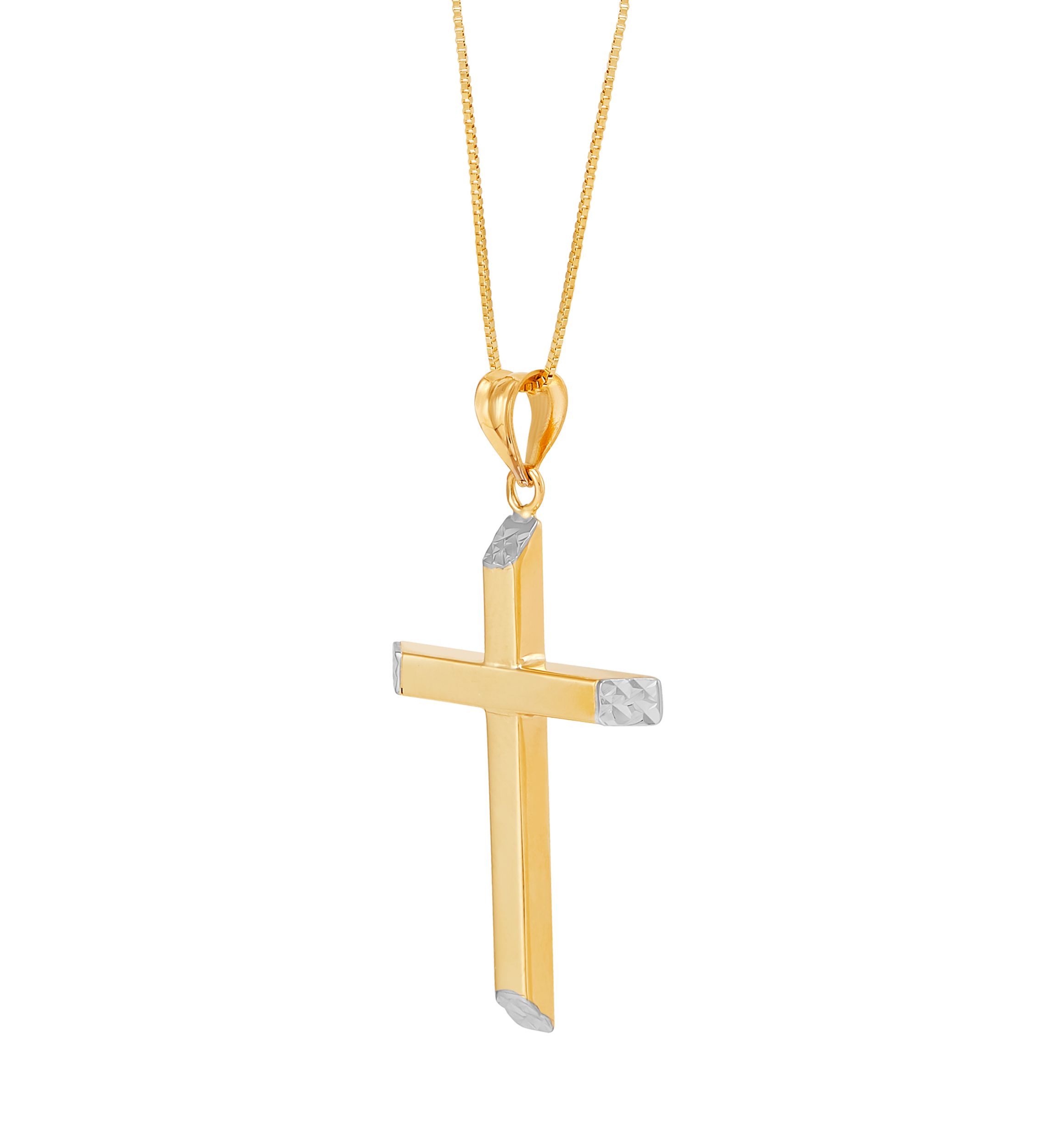 Tube Cross Pendant Necklace with 18" Box Chain in 14K Yellow Gold
