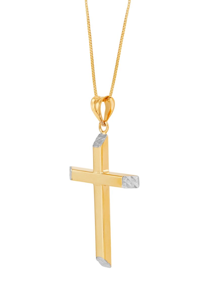 Tube Cross Pendant Necklace with 18" Box Chain in 14K Yellow Gold