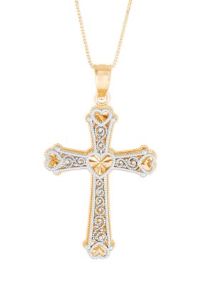 Belk & Co Double Decker Cross Pendant Necklace with 18" Box Chain in 14K Yellow and White Gold