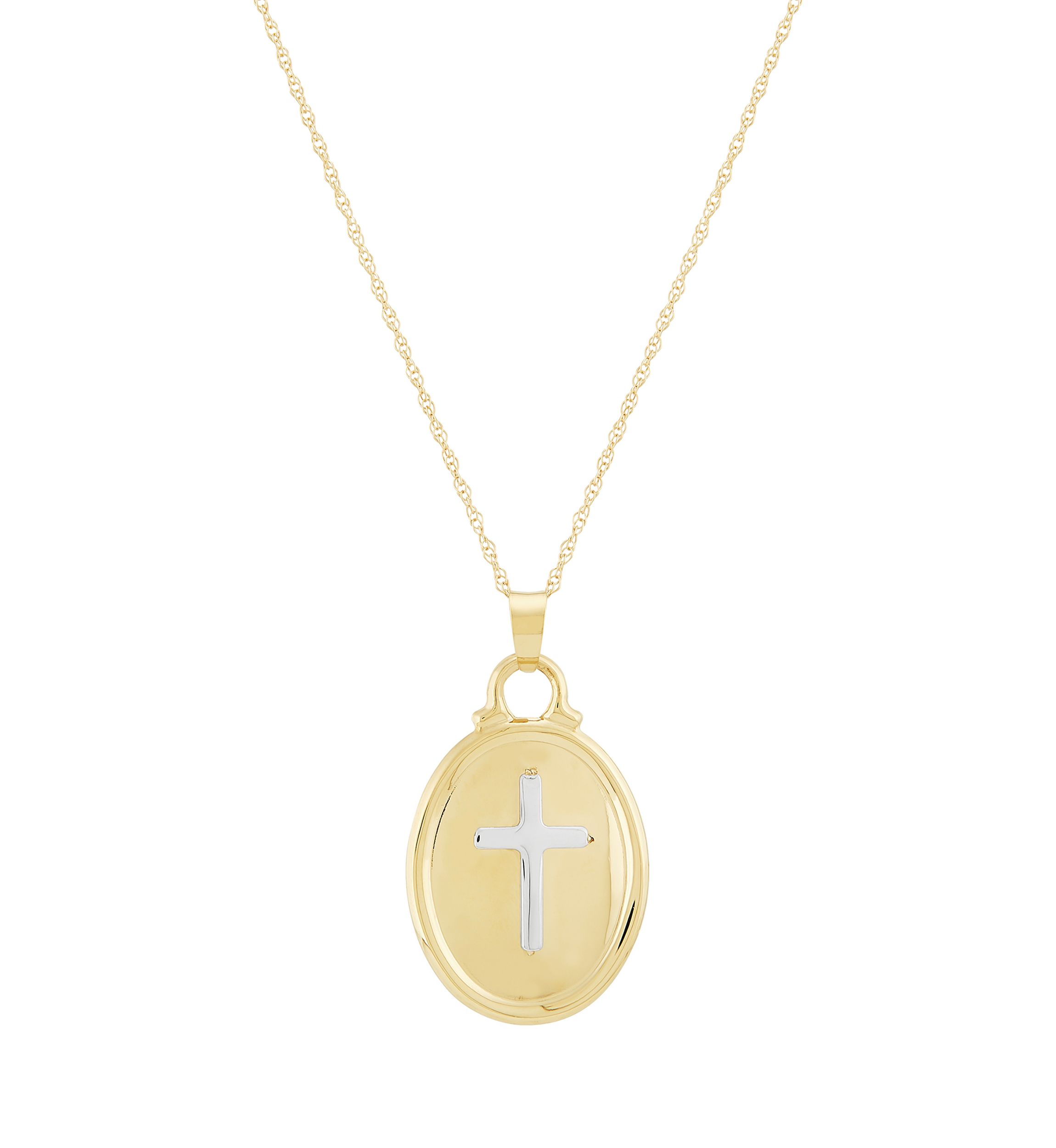 Oval Shape with Cross Pendant Necklace with 18" Rope Chain in 14K Yellow Gold