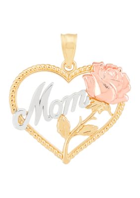 Belk & Co Heart with Mom and Rose Pendant in 14K Yellow and White Gold