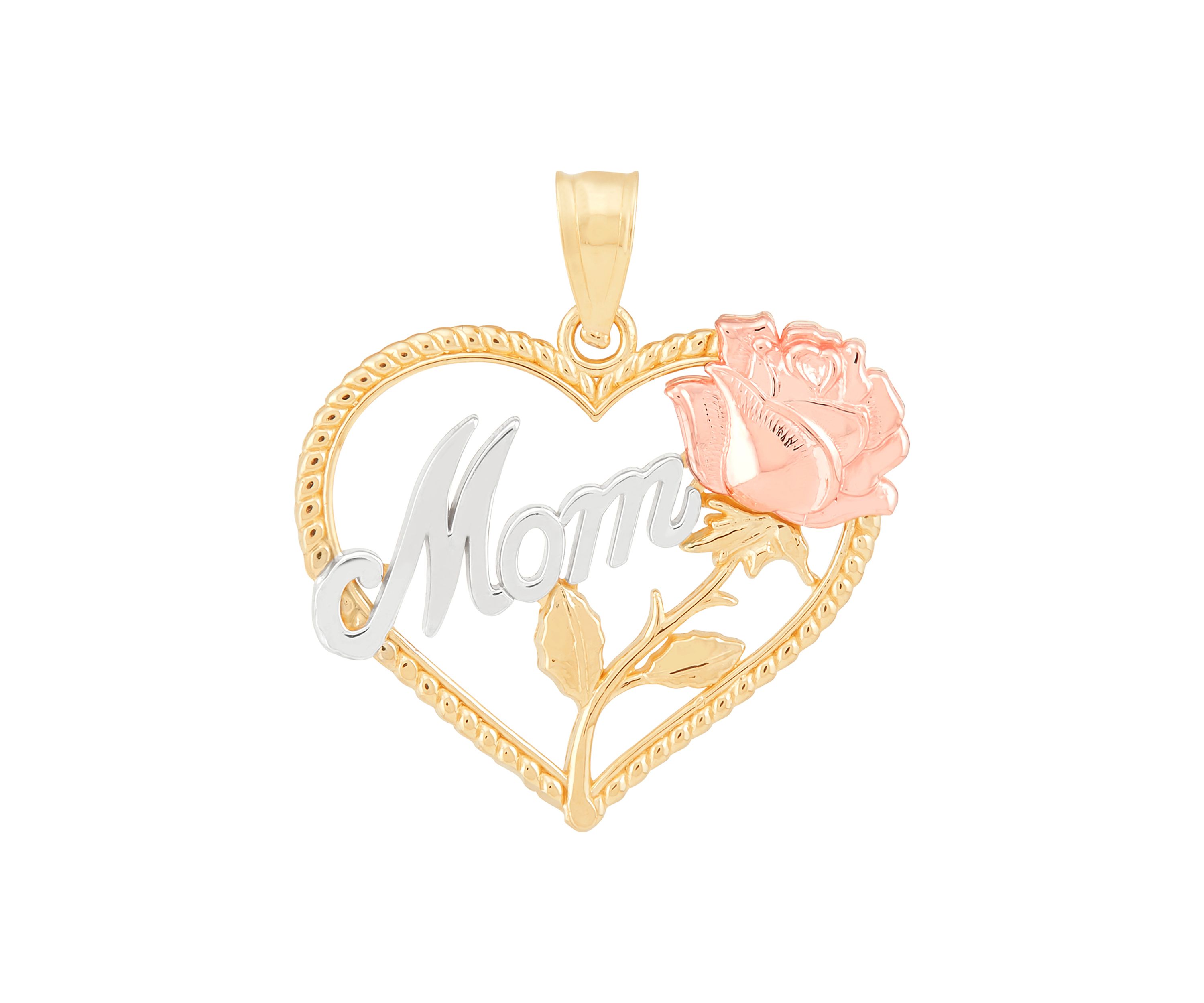 Heart with Mom and Rose Pendant in 14K Yellow and White Gold
