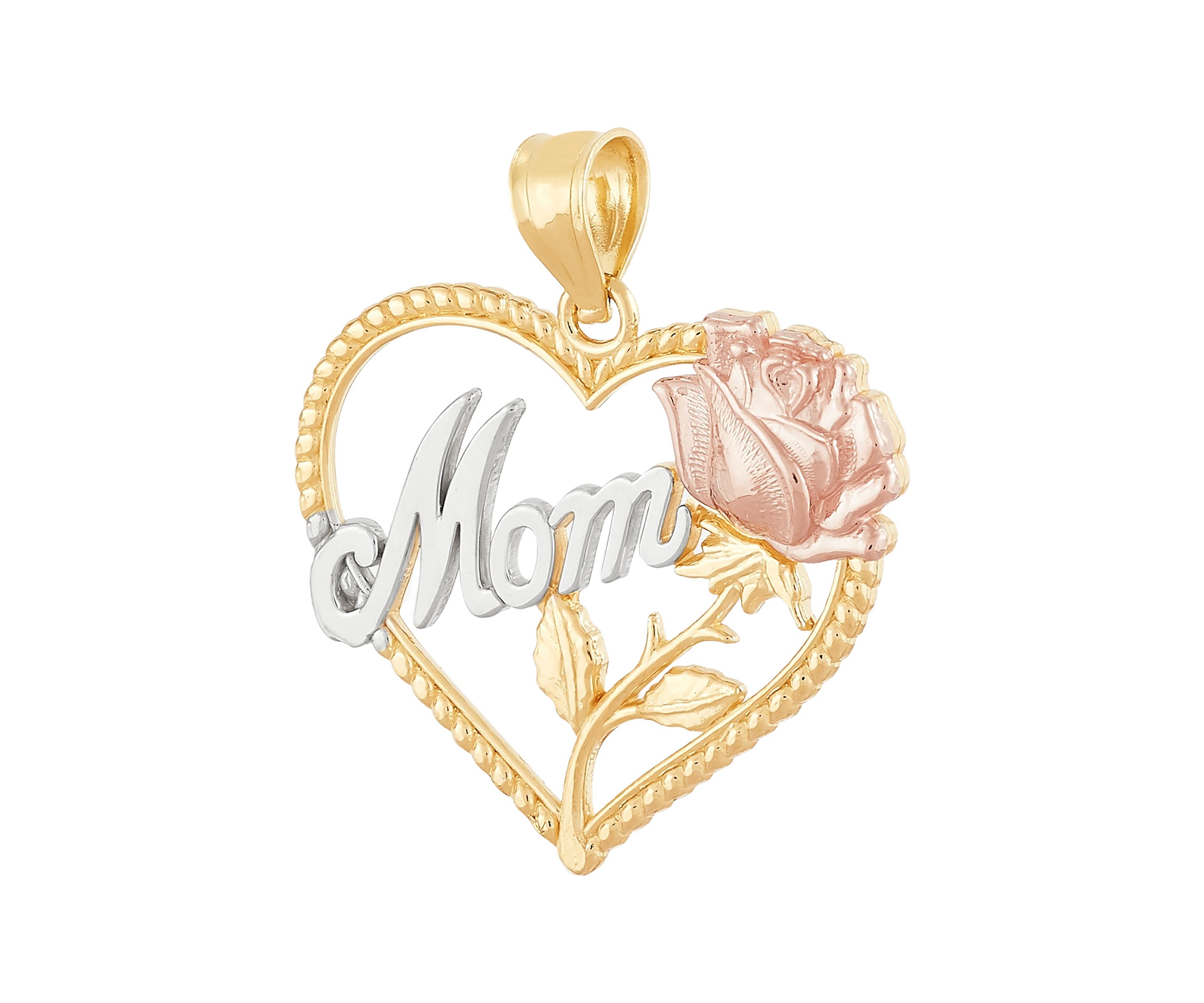 Heart with Mom and Rose Pendant in 14K Yellow and White Gold