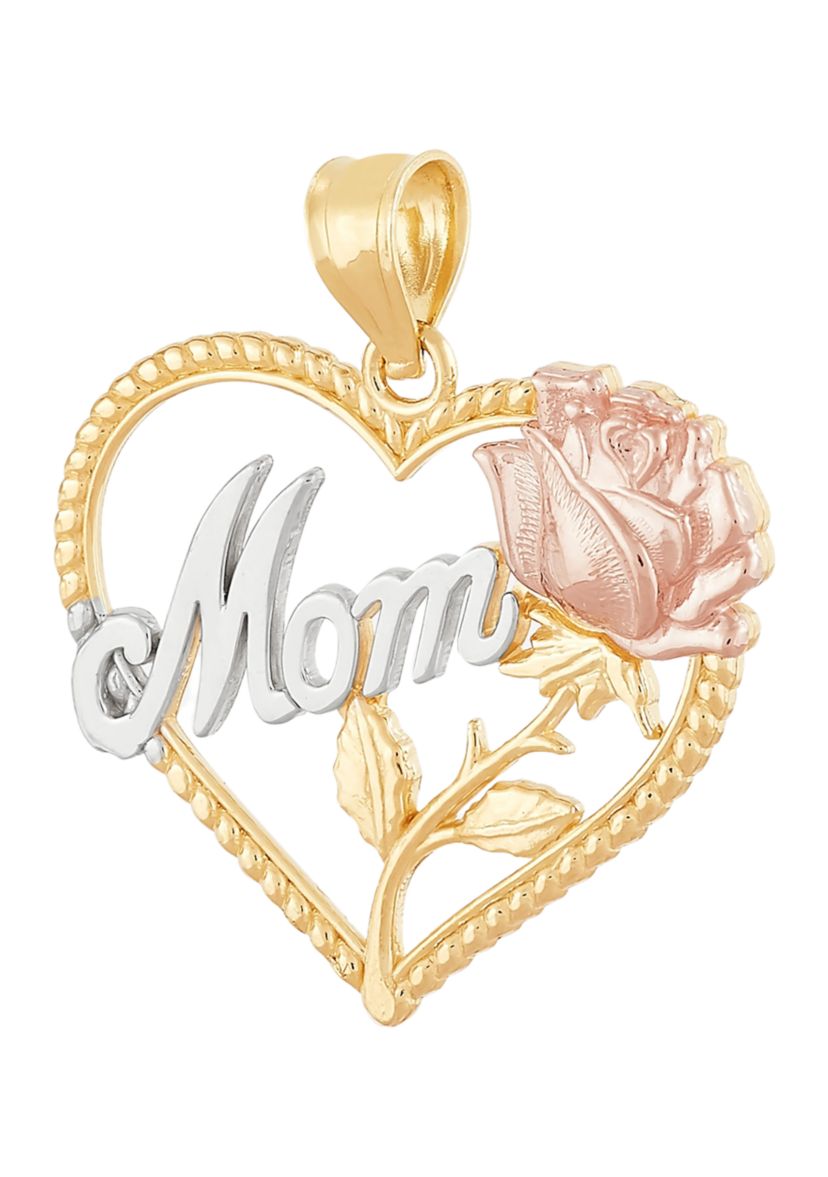 Heart with Mom and Rose Pendant in 14K Yellow and White Gold