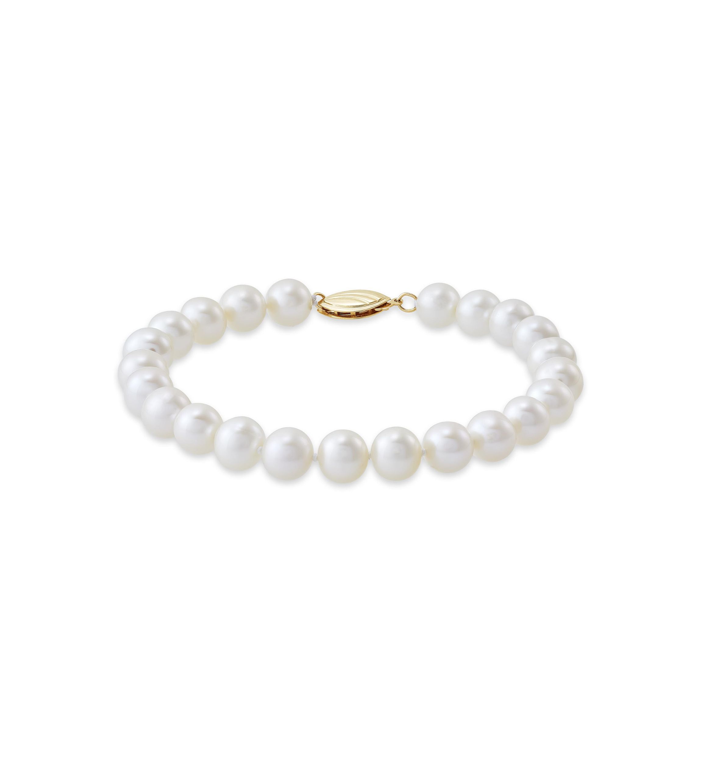 White Pearl Single Strand Bracelet in 14K Yellow Gold