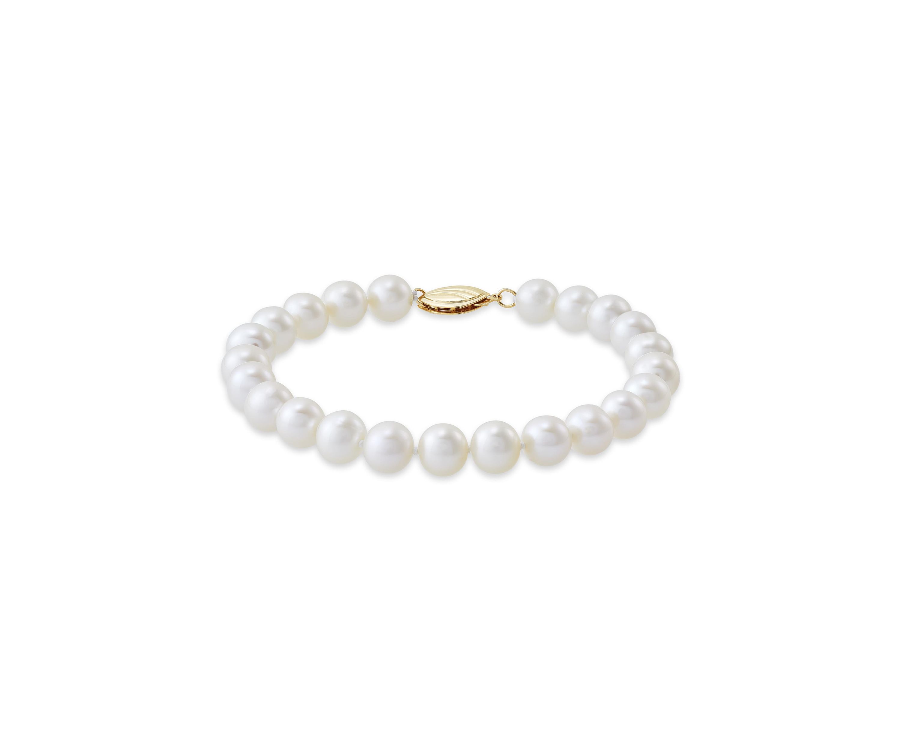 White Pearl Single Strand Bracelet in 14K Yellow Gold