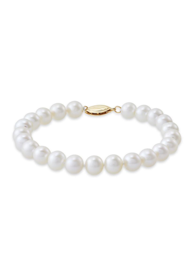 White Pearl Single Strand Bracelet in 14K Yellow Gold