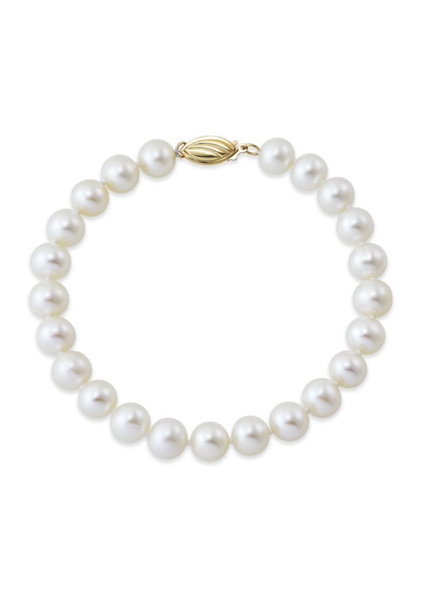 White Pearl Single Strand Bracelet in 14K Yellow Gold