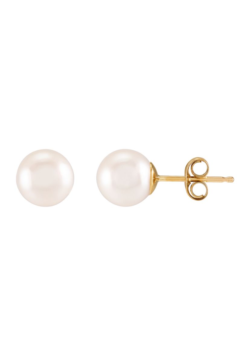 6-6.5 Millimeter White Pearl Stud Earrings in 10K Yellow Gold