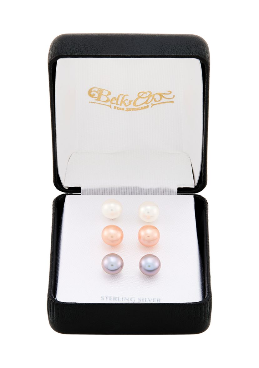 Button Pearl Stud Earrings Set in Sterling Silver
