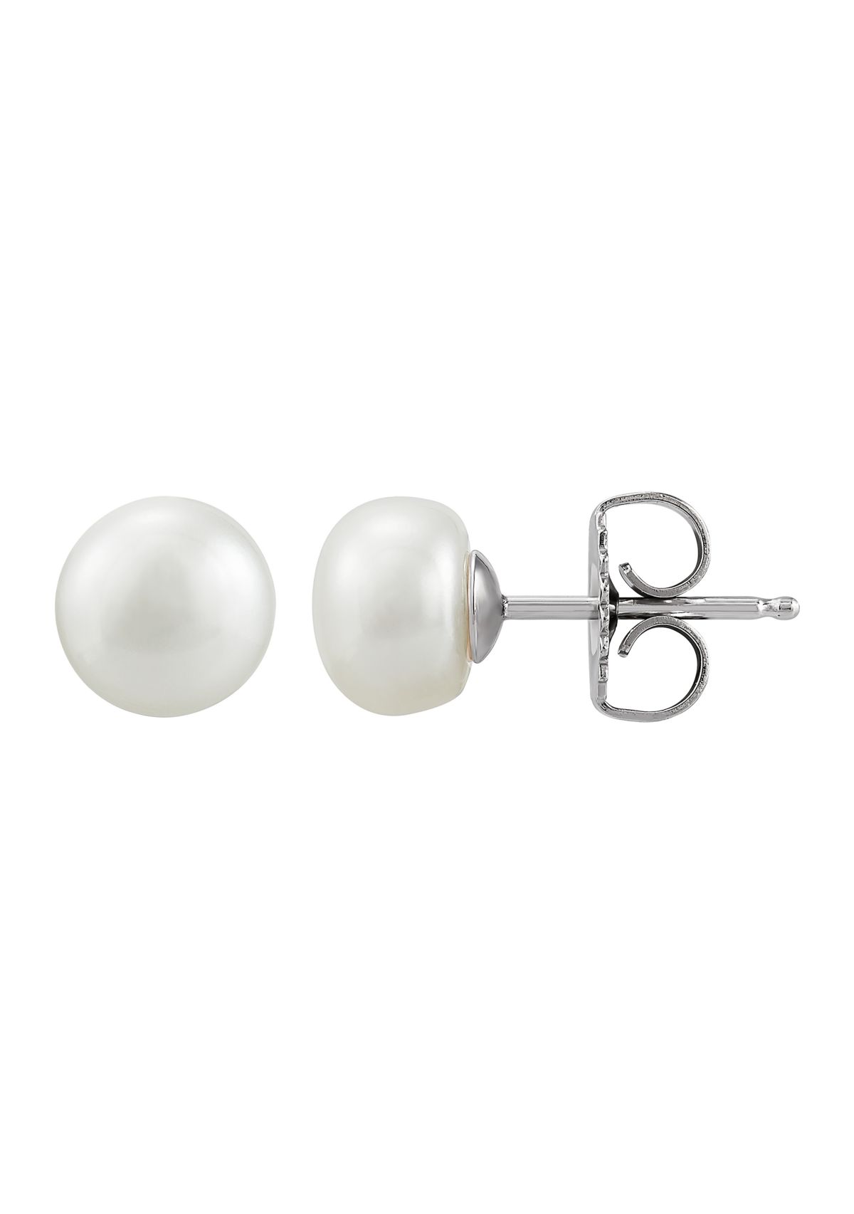Button Pearl Stud Earrings Set in Sterling Silver