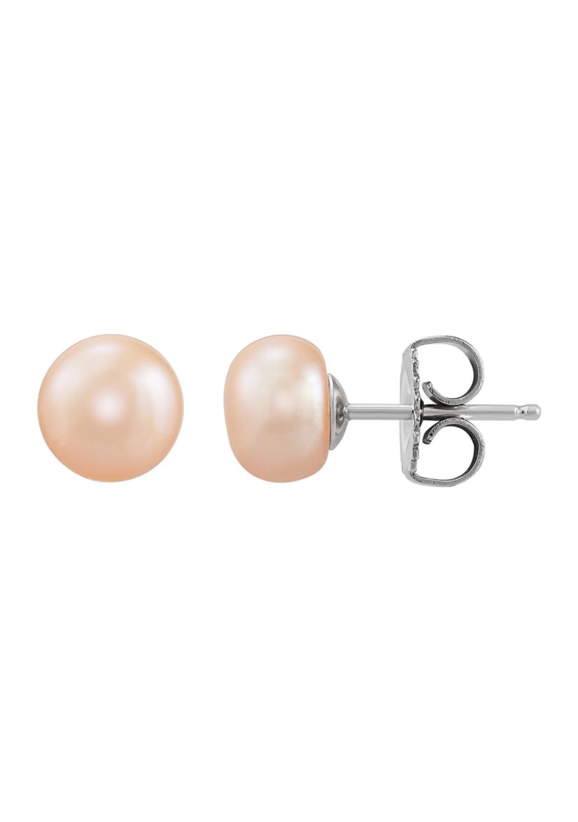 Button Pearl Stud Earrings Set in Sterling Silver