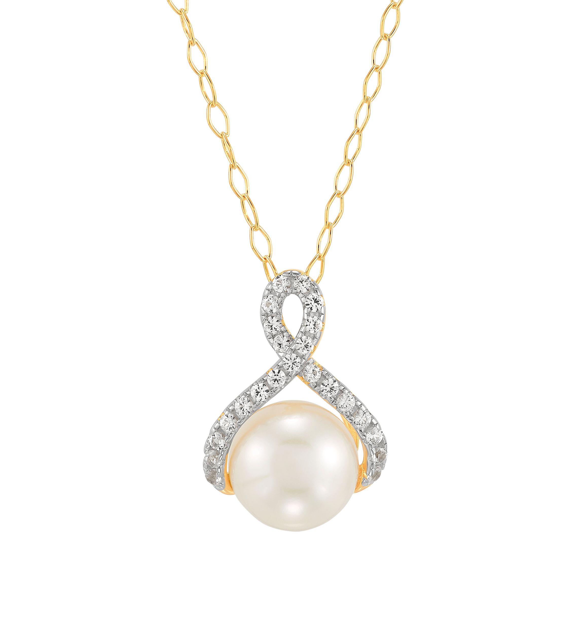 7-8.5 Millimeter Button Pearl and Lab Created White Sapphire Necklace and Earrings Set in Gold Plated Metal