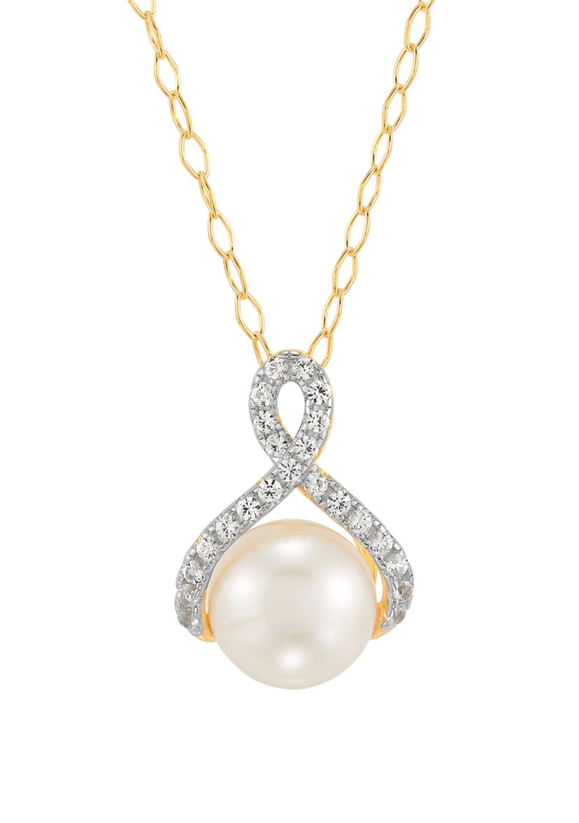 7-8.5 Millimeter Button Pearl and Lab Created White Sapphire Necklace and Earrings Set in Gold Plated Metal