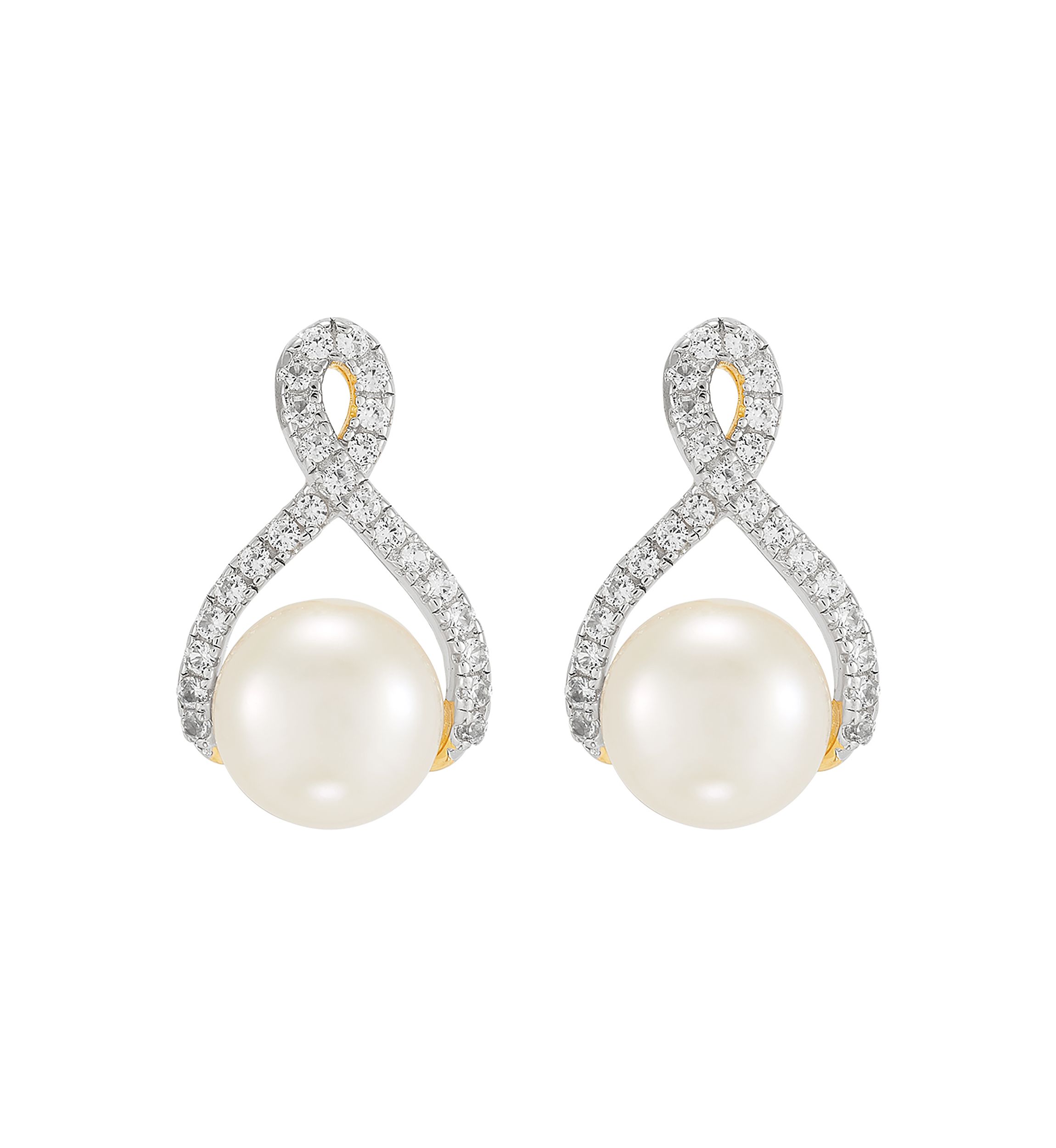 7-8.5 Millimeter Button Pearl and Lab Created White Sapphire Necklace and Earrings Set in Gold Plated Metal