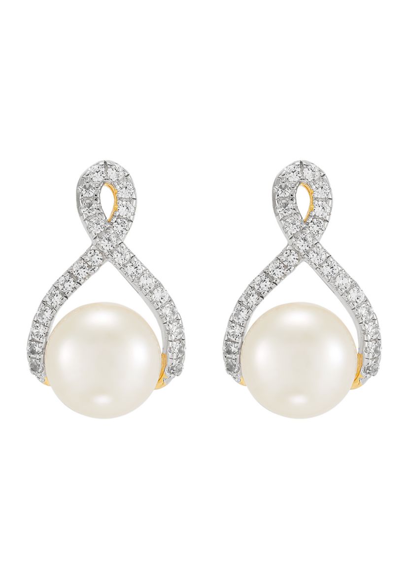 7-8.5 Millimeter Button Pearl and Lab Created White Sapphire Necklace and Earrings Set in Gold Plated Metal