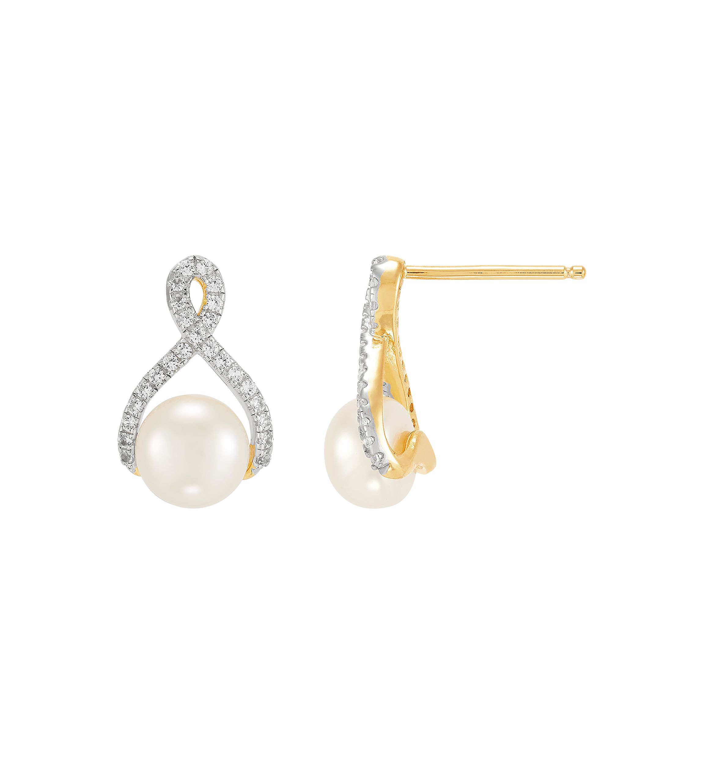 7-8.5 Millimeter Button Pearl and Lab Created White Sapphire Necklace and Earrings Set in Gold Plated Metal
