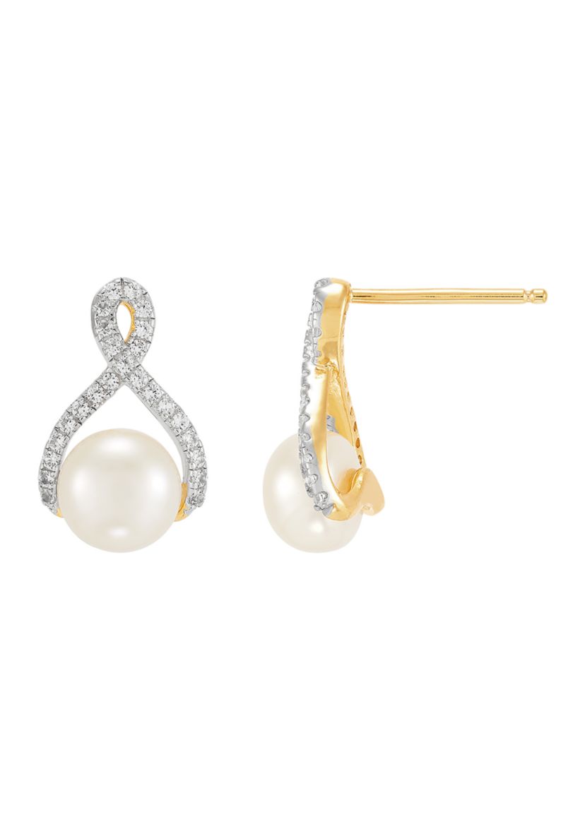 7-8.5 Millimeter Button Pearl and Lab Created White Sapphire Necklace and Earrings Set in Gold Plated Metal