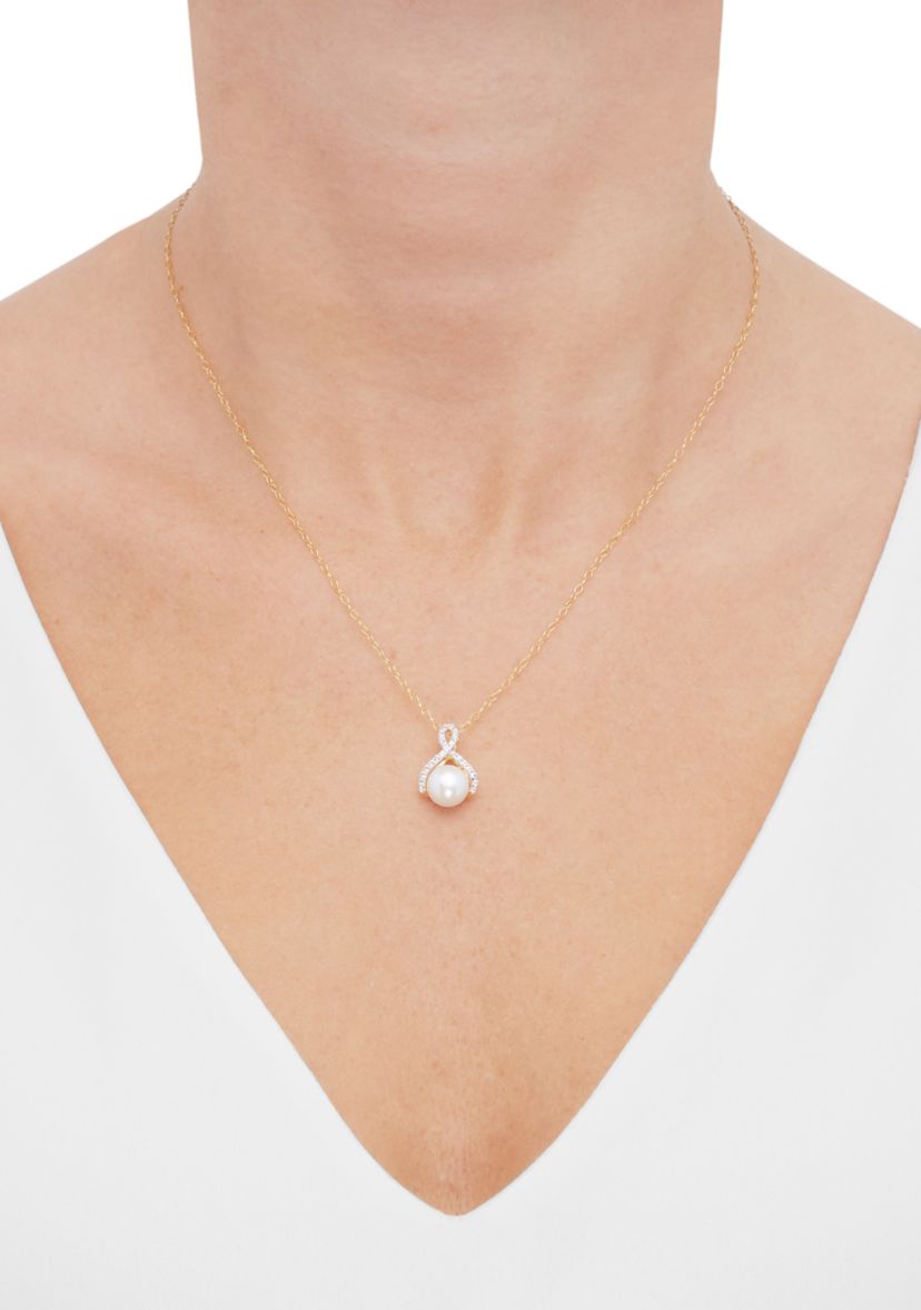 7-8.5 Millimeter Button Pearl and Lab Created White Sapphire Necklace and Earrings Set in Gold Plated Metal