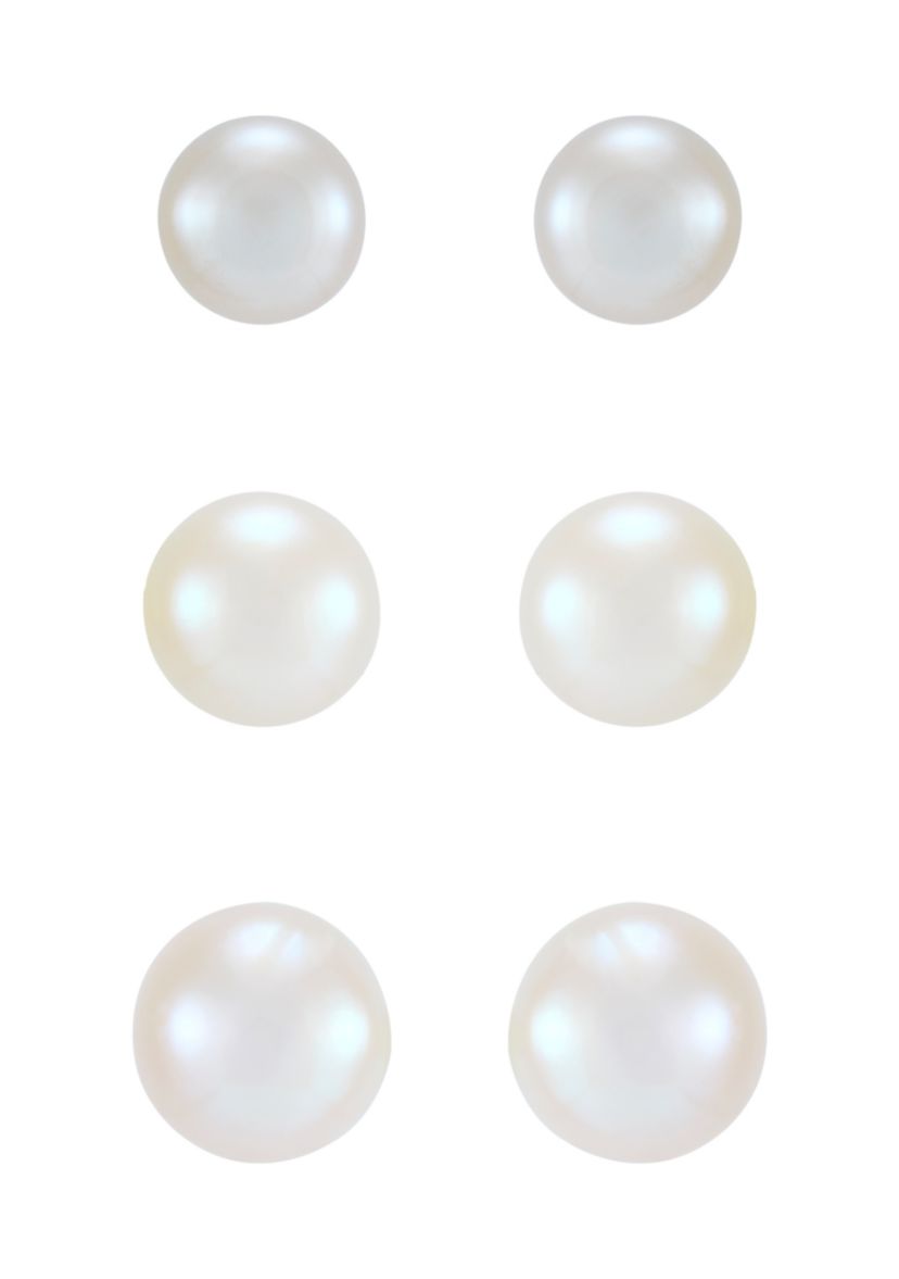 Button White Pearl Stud Earrings in Sterling Silver - Set of 3