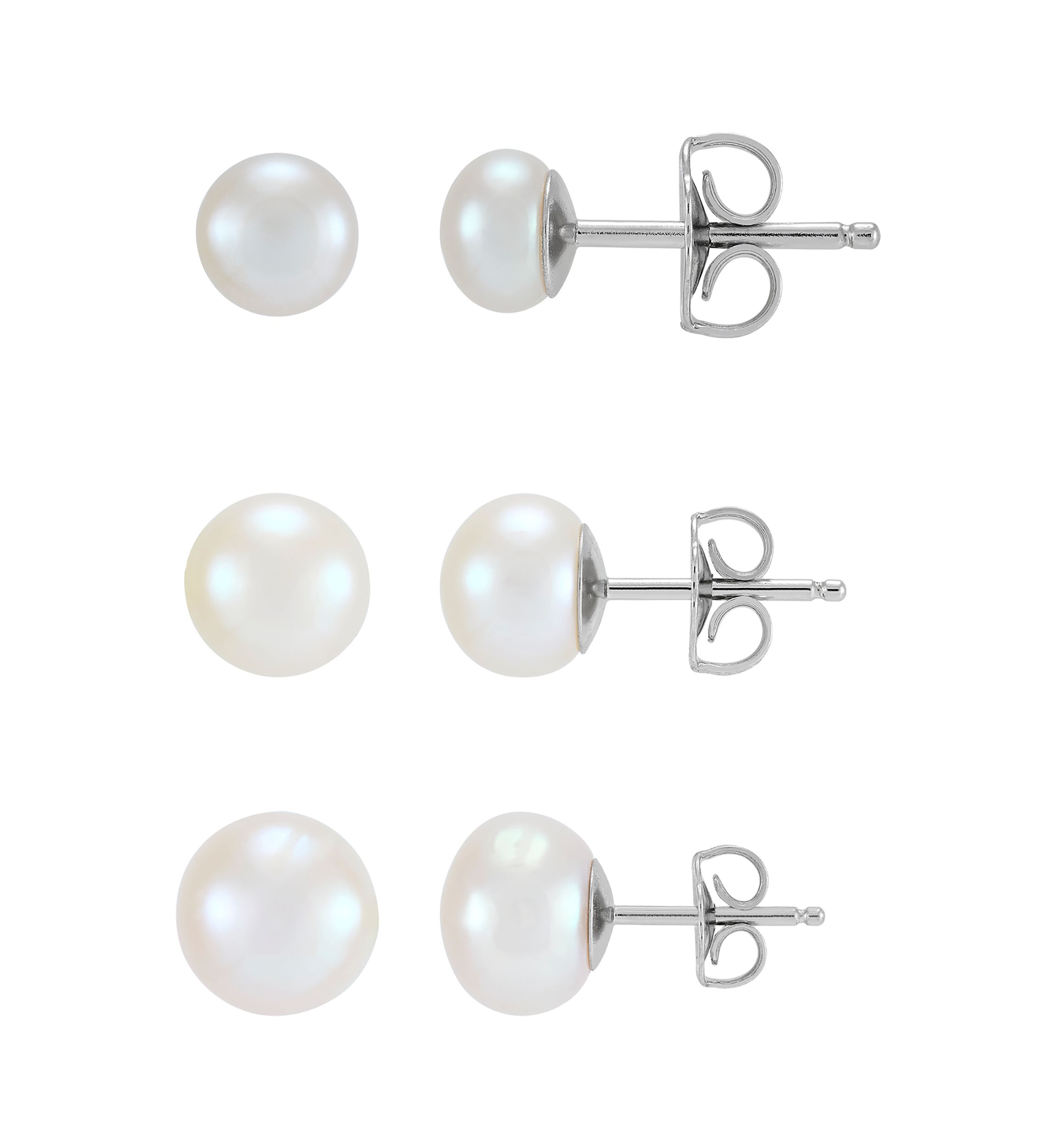 Button White Pearl Stud Earrings in Sterling Silver - Set of 3